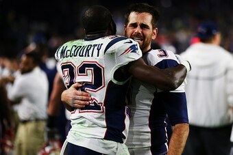 GLENDALE, AZ - FEBRUARY 01:   Devin McCourty #32 of the New England Patriots celebrates with  Stephen Gostkowski #3 of the New England Patriots after defeating the Seattle Seahawks 28-24 to win Super Bowl XLIX at University of Phoenix Stadium on February 
