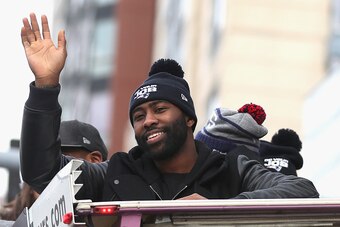 BOSTON, MA - FEBRUARY 04:  Darrelle Revis of the New England Patriots waves to fans during a Super Bowl victory parade on February 4, 2015 in Boston, Massachusetts. The Patriots defeated the Seattle Seahawks 28-24 in Super Bowl XLIX. (Photo by Billie Weis