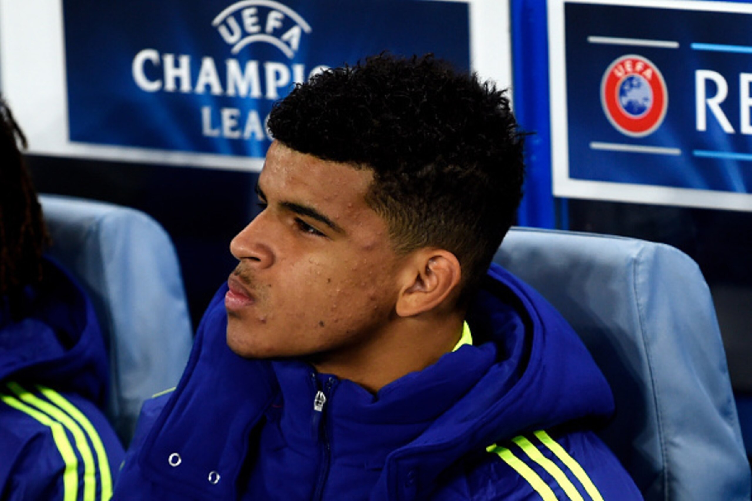LONDON, ENGLAND - OCTOBER 21:  Substitute Dominic Solanke of Chelsea looks on from the bench during the UEFA Champions League Group G match between Chelsea FC and NK Maribor at Stamford Bridge on October 21, 2014 in London, United Kingdom.  (Photo by Mike