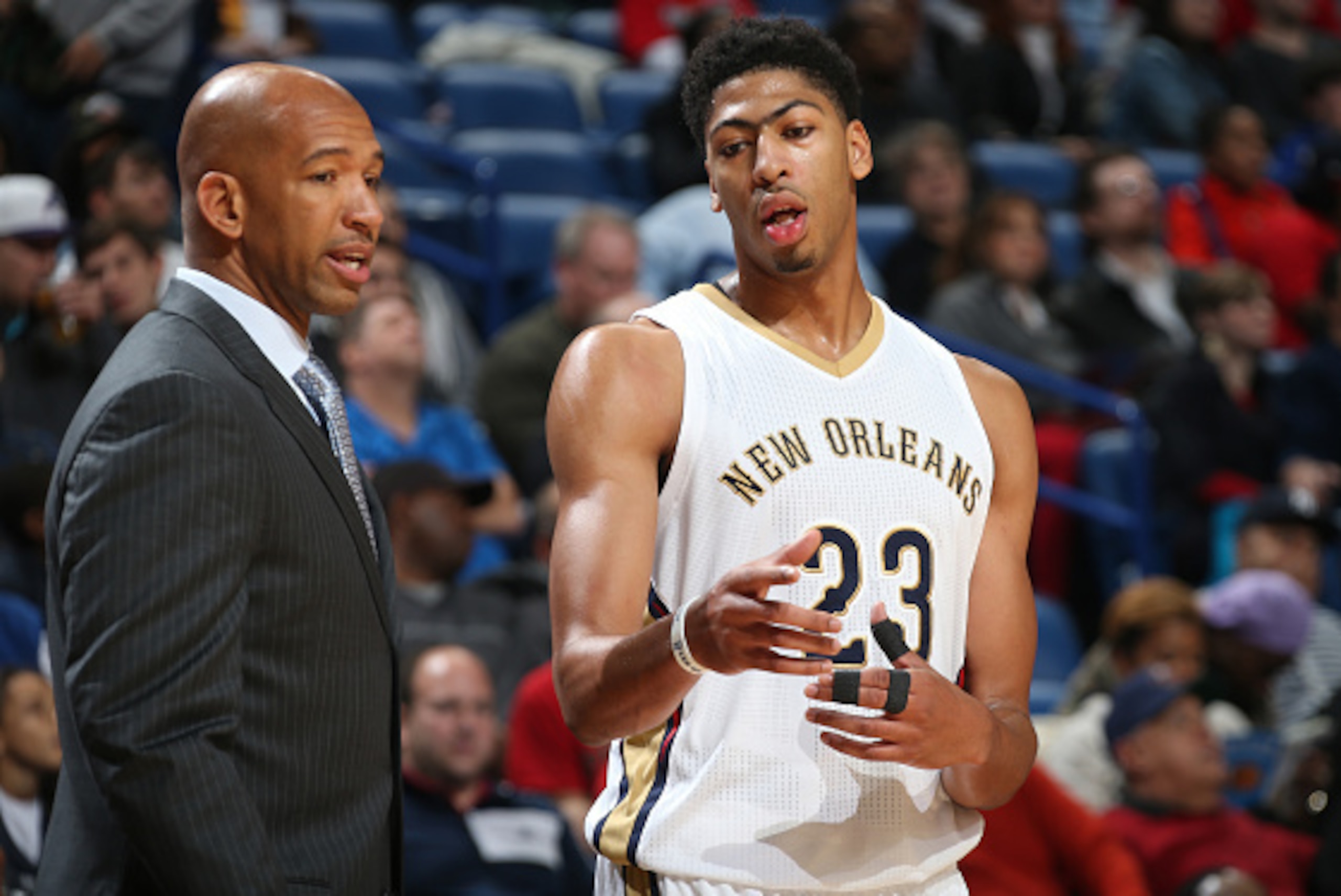 NEW ORLEANS, LA - NOVEMBER 25: Anthony Davis #23 of the New Orleans Pelicans talks with Monty Williams during the game against the Sacramento Kings on November 25, 2014 at the Smoothie King Center in New Orleans, Louisiana. NOTE TO USER: User expressly a NEW ORLEANS, LA - NOVEMBER 25: Anthony Davis #23 of the New Orleans Pelicans talks with Monty Williams during the game against the Sacramento Kings on November 25, 2014 at the Smoothie King Center in New Orleans, Louisiana. NOTE TO USER: User expressly a