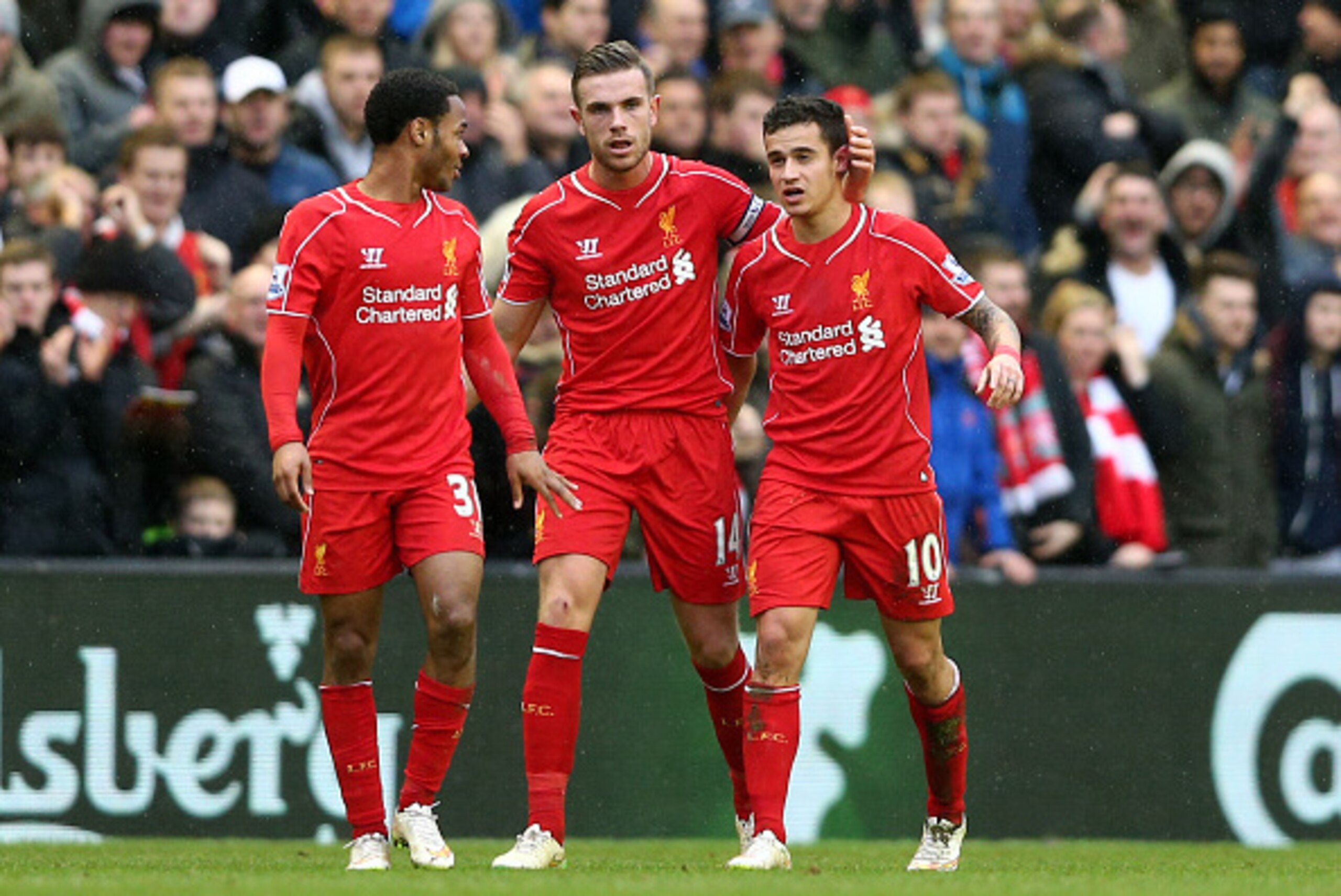 LIVERPOOL, ENGLAND - MARCH 01:  Philippe Coutinho #10 of Liverpool celebrates after scoring is team's second goal during the Barclays Premier League match between Liverpool and Manchester City at Anfield on March 1, 2015 in Liverpool, England.  (Photo by 