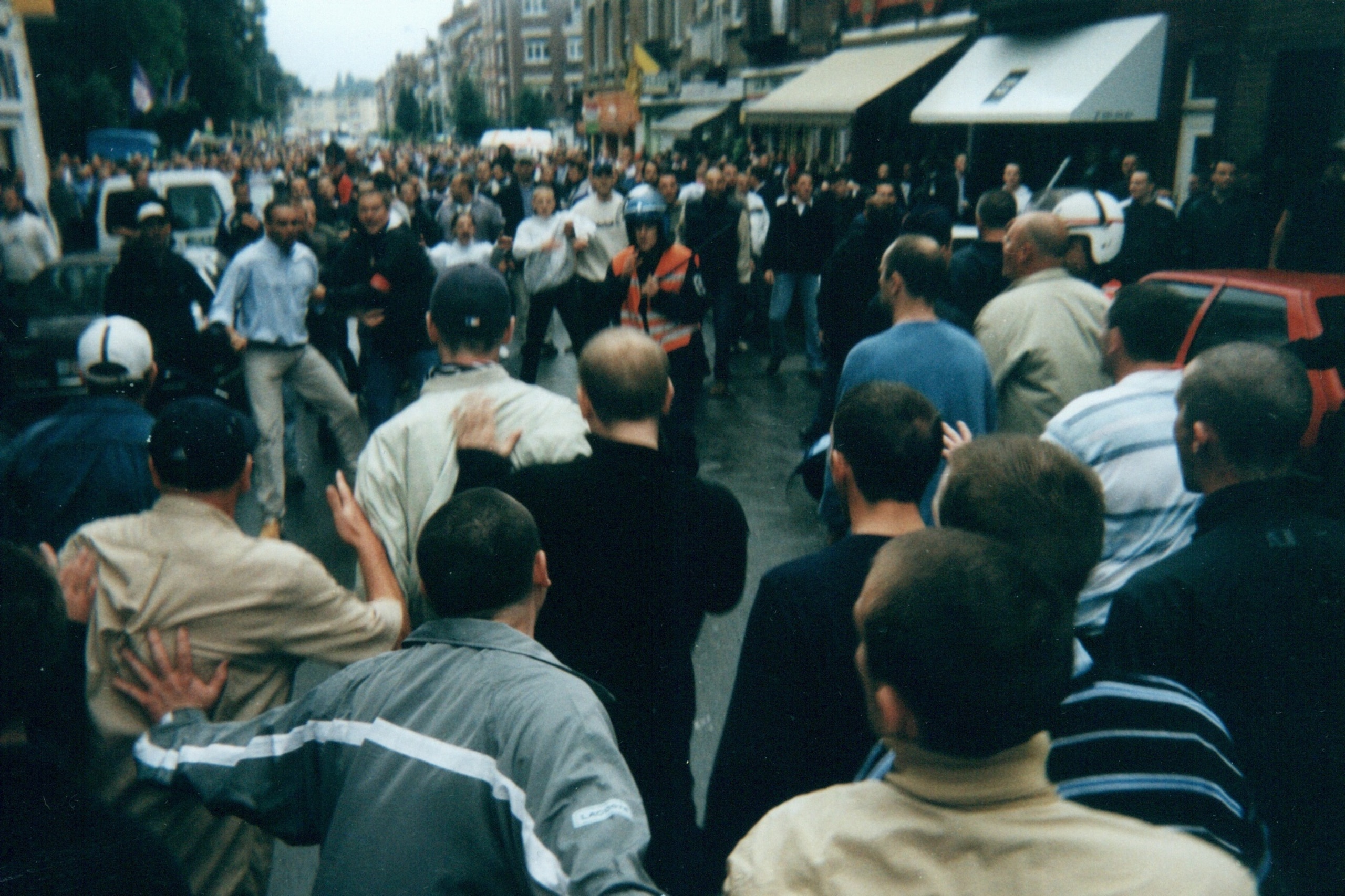A brawl between Nicholls' Everton followers and Anderlecht fans in 2002 at Anderlecht. Nicholls claims that his group of 50 took on 400 rival fans.