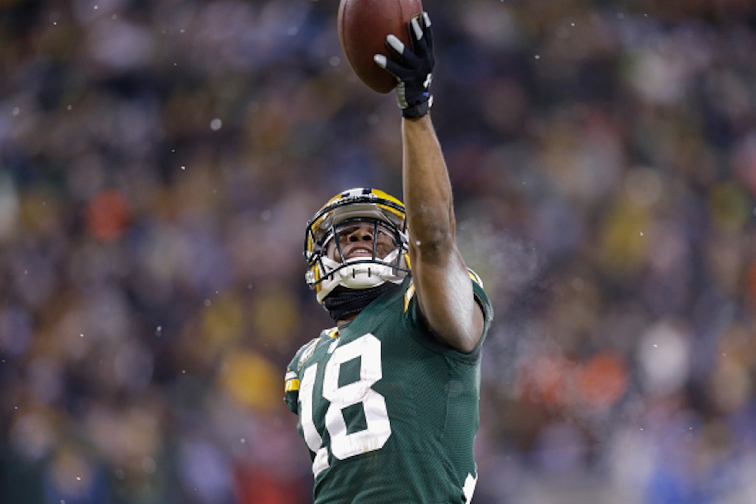 GREEN BAY, WI - DECEMBER 28:  Wide receiver Randall Cobb #18 of the Green Bay Packers celebrates after scoring in the third quarter for his second touchdown against the Detroit Lions during the NFL game at Lambeau Field on December 28, 2014 in Green Bay, 