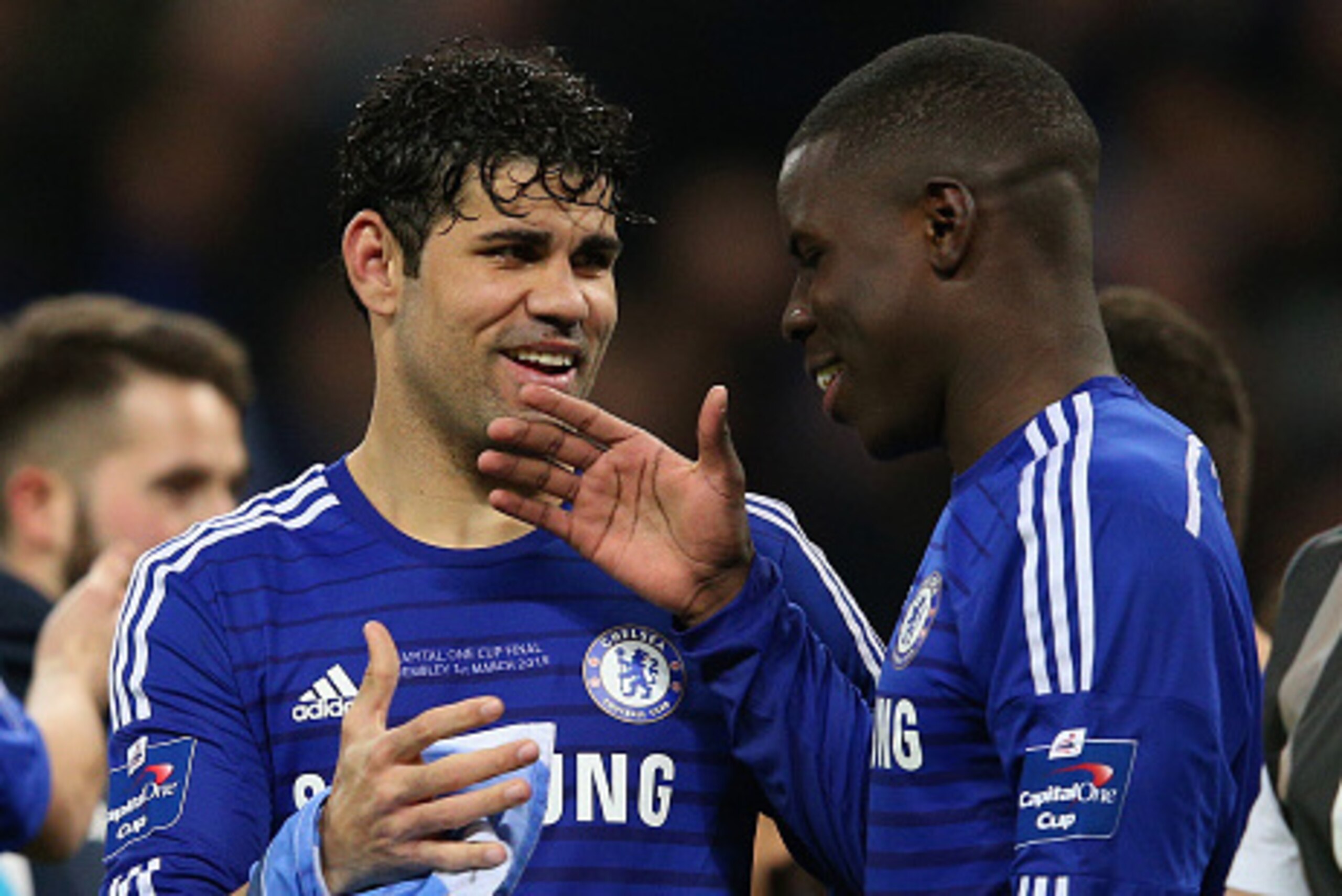 LONDON, ENGLAND - MARCH 01:  Diego Costa of Chelsea and Kurt Zouma of Chelsea celebrate victory in  the Capital One Cup Final match between Chelsea and Tottenham Hotspur at Wembley Stadium on March 1, 2015 in London, England.  (Photo by Clive Mason/Getty 