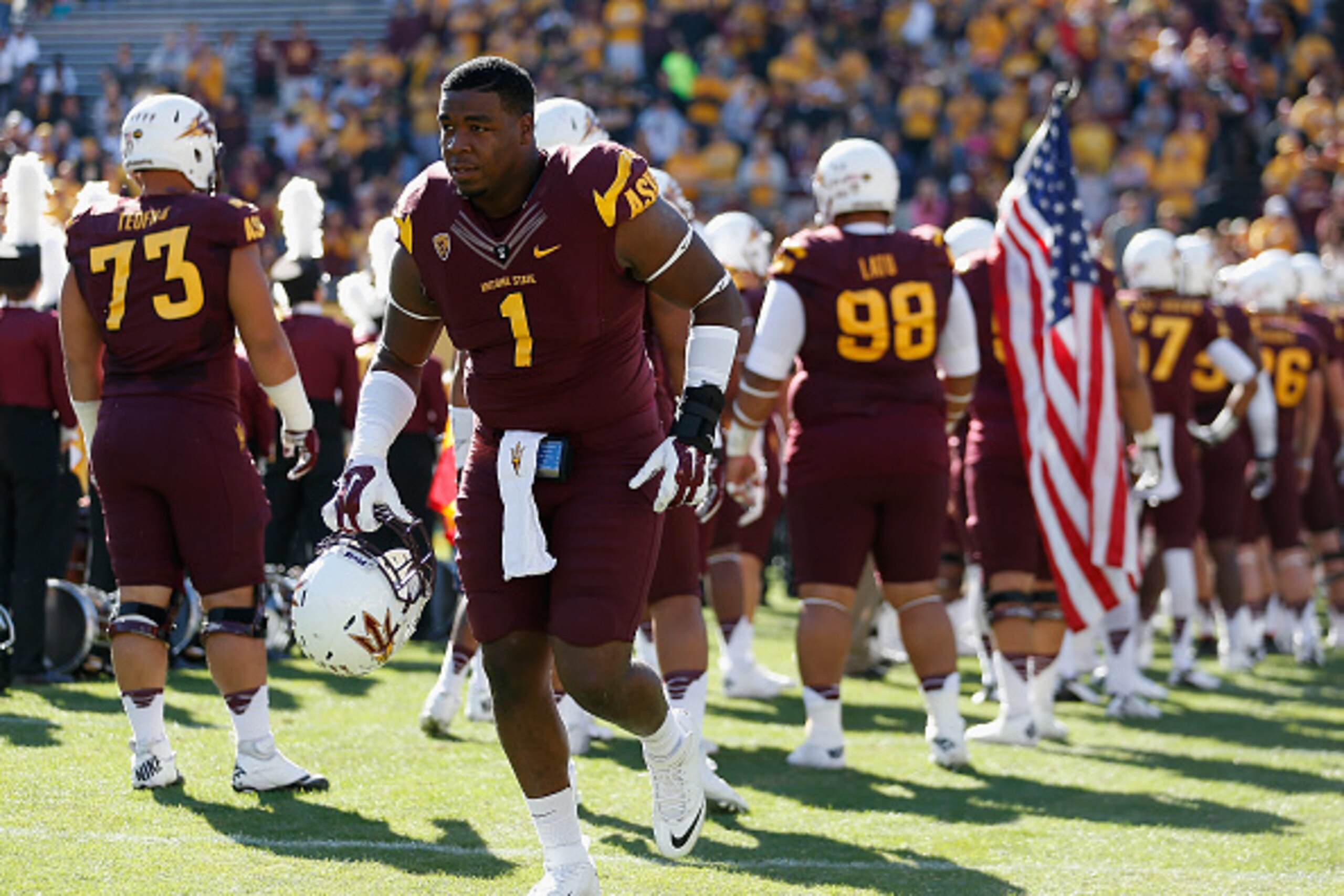 TEMPE, AZ - NOVEMBER 22:  Defensive lineman Marcus Hardison #1 of the Arizona State Sun Devils before the college football game against the Washington State Cougars at Sun Devil Stadium on November 22, 2014 in Tempe, Arizona. The Sun Devils defeated the C