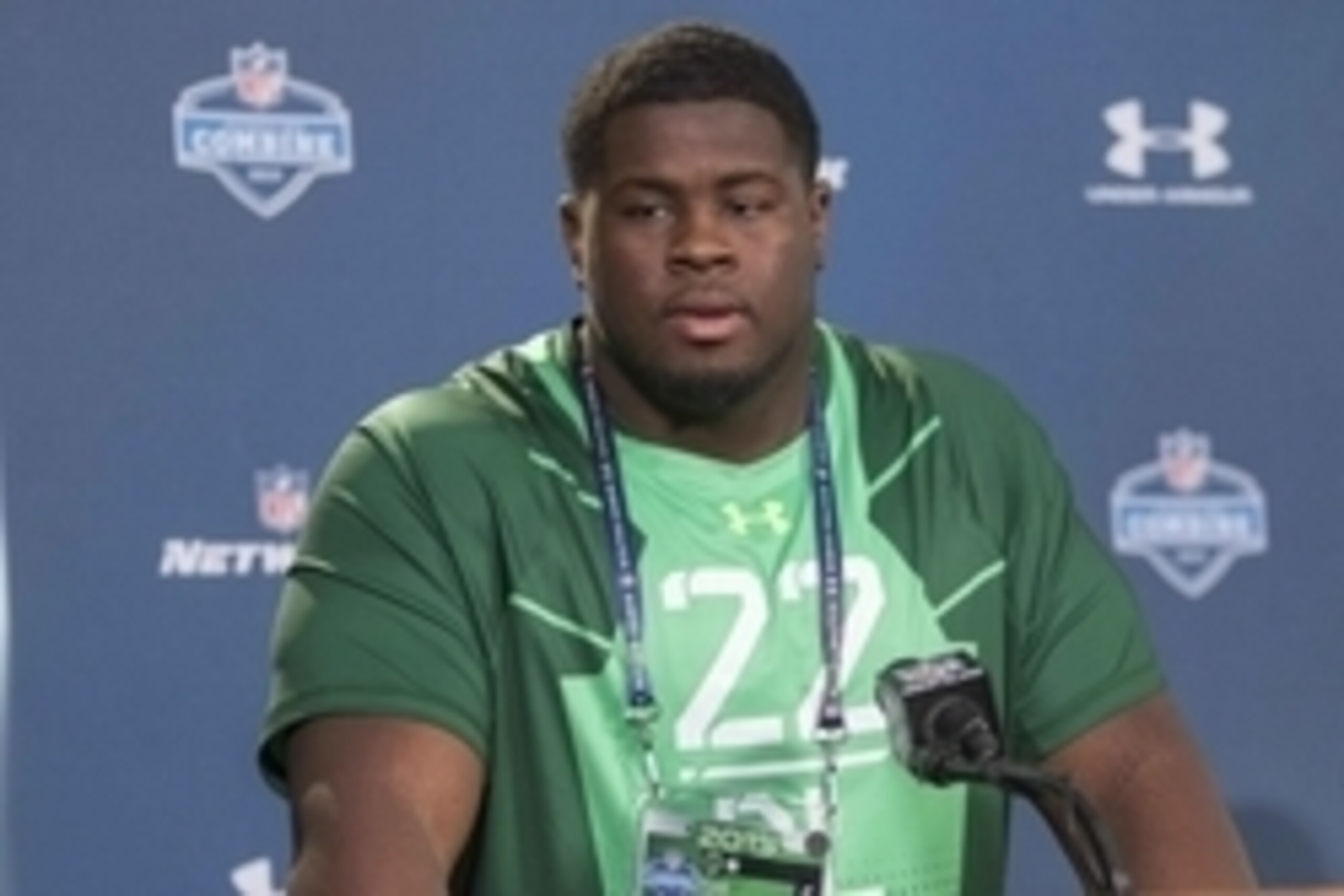 Feb 20, 2015; Indianapolis, IN, USA; Florida State defensive lineman Eddie Goldman speaks to the media at the 2015 NFL Combine at Lucas Oil Stadium. Mandatory Credit: Trevor Ruszkowski-USA TODAY Sports