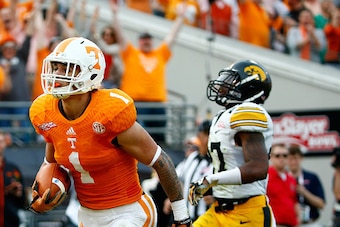JACKSONVILLE, FL - JANUARY 02:  Jalen Hurd #1 of the Tennessee Volunteers crosses the goal line for a touchdown during the TaxSlayer Bowl at EverBank Field on January 2, 2015 in Jacksonville, Florida.  (Photo by Sam Greenwood/Getty Images)