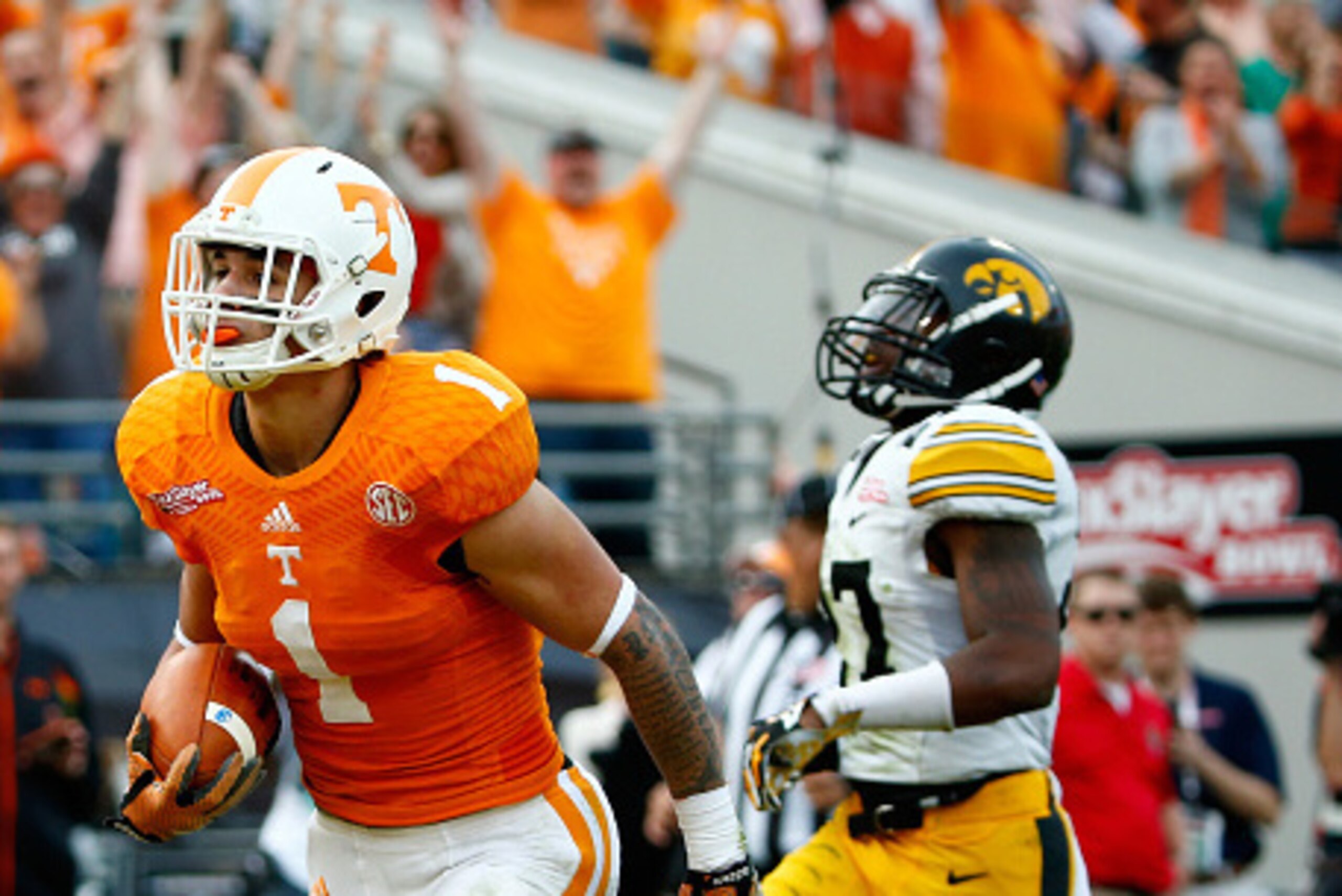 JACKSONVILLE, FL - JANUARY 02:  Jalen Hurd #1 of the Tennessee Volunteers crosses the goal line for a touchdown during the TaxSlayer Bowl at EverBank Field on January 2, 2015 in Jacksonville, Florida.  (Photo by Sam Greenwood/Getty Images)