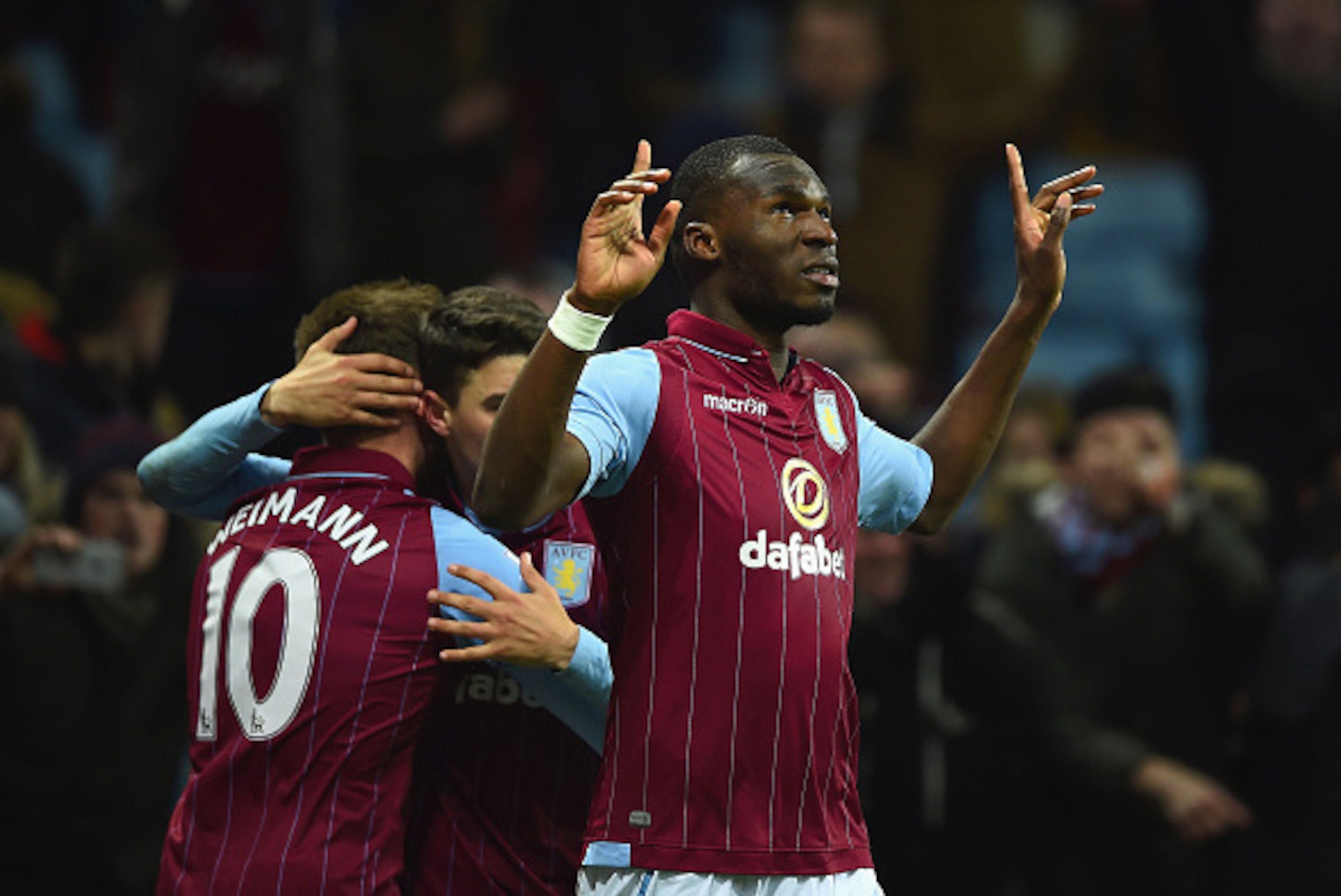 BIRMINGHAM, ENGLAND - MARCH 03:  Christian Benteke of Aston Villa celebrates scoring their second goal from the penalty spot during the Barclays Premier League match between Aston Villa and West Bromwich Albion at Villa Park on March 3, 2015 in Birmingham