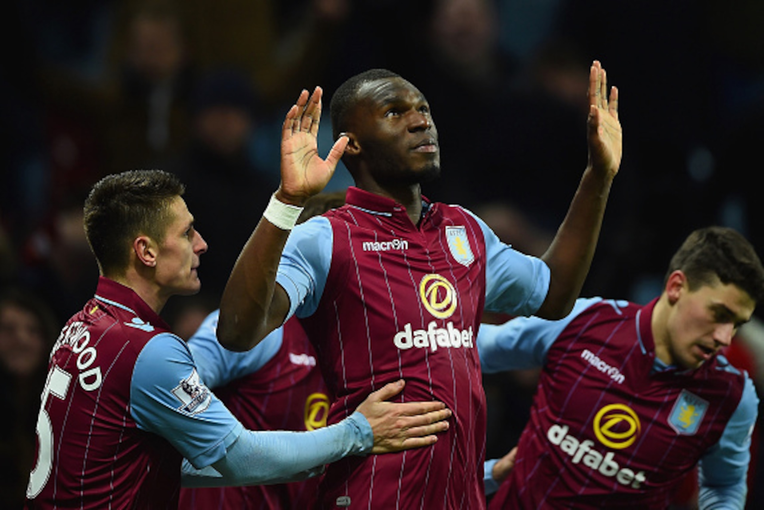 BIRMINGHAM, ENGLAND - MARCH 03: Christian Benteke of Aston Villa celebrates scoring their second goal from the penalty spot with team mates during the Barclays Premier League match between Aston Villa and West Bromwich Albion at Villa Park on March 3, 20 BIRMINGHAM, ENGLAND - MARCH 03: Christian Benteke of Aston Villa celebrates scoring their second goal from the penalty spot with team mates during the Barclays Premier League match between Aston Villa and West Bromwich Albion at Villa Park on March 3, 20