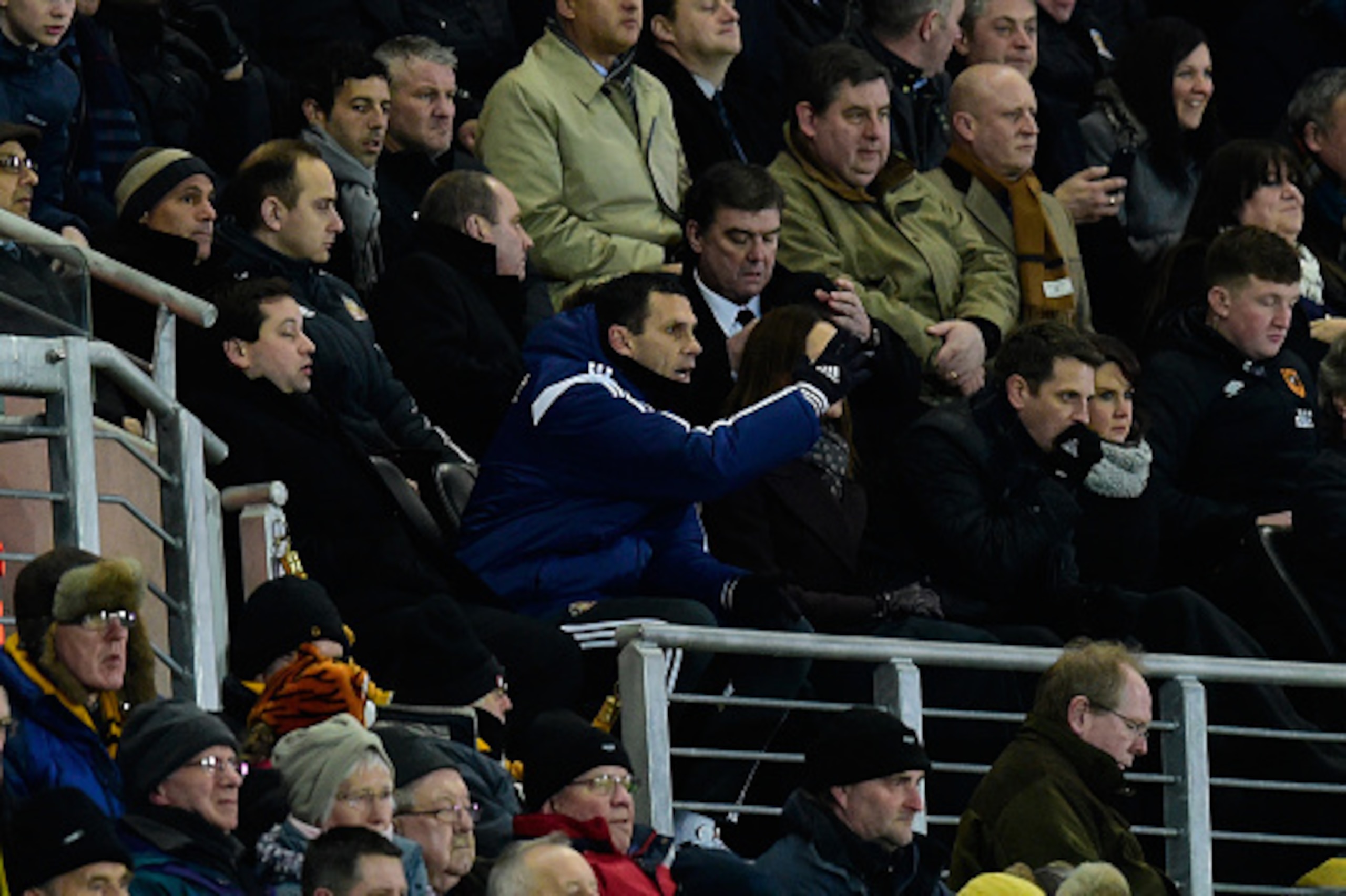 HULL, ENGLAND - MARCH 03: Sunderland manager Gus Poyet makes a point as he watches from the stand after being sent off during the Barclays Premier League match between Hull City and Sunderland at KC Stadium on March 3, 2015 in Hull, England. (Photo by S HULL, ENGLAND - MARCH 03: Sunderland manager Gus Poyet makes a point as he watches from the stand after being sent off during the Barclays Premier League match between Hull City and Sunderland at KC Stadium on March 3, 2015 in Hull, England. (Photo by S