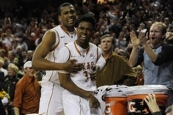 Mar 2, 2015; Austin, TX, USA; Texas Longhorns guard Isaiah Taylor (1) and forward Jonathan Holmes (10) react after beating the Baylor Bears at the Frank Erwin Special Events Center. Texas beat Baylor 61-59. Mandatory Credit: Brendan Maloney-USA TODAY Spor
