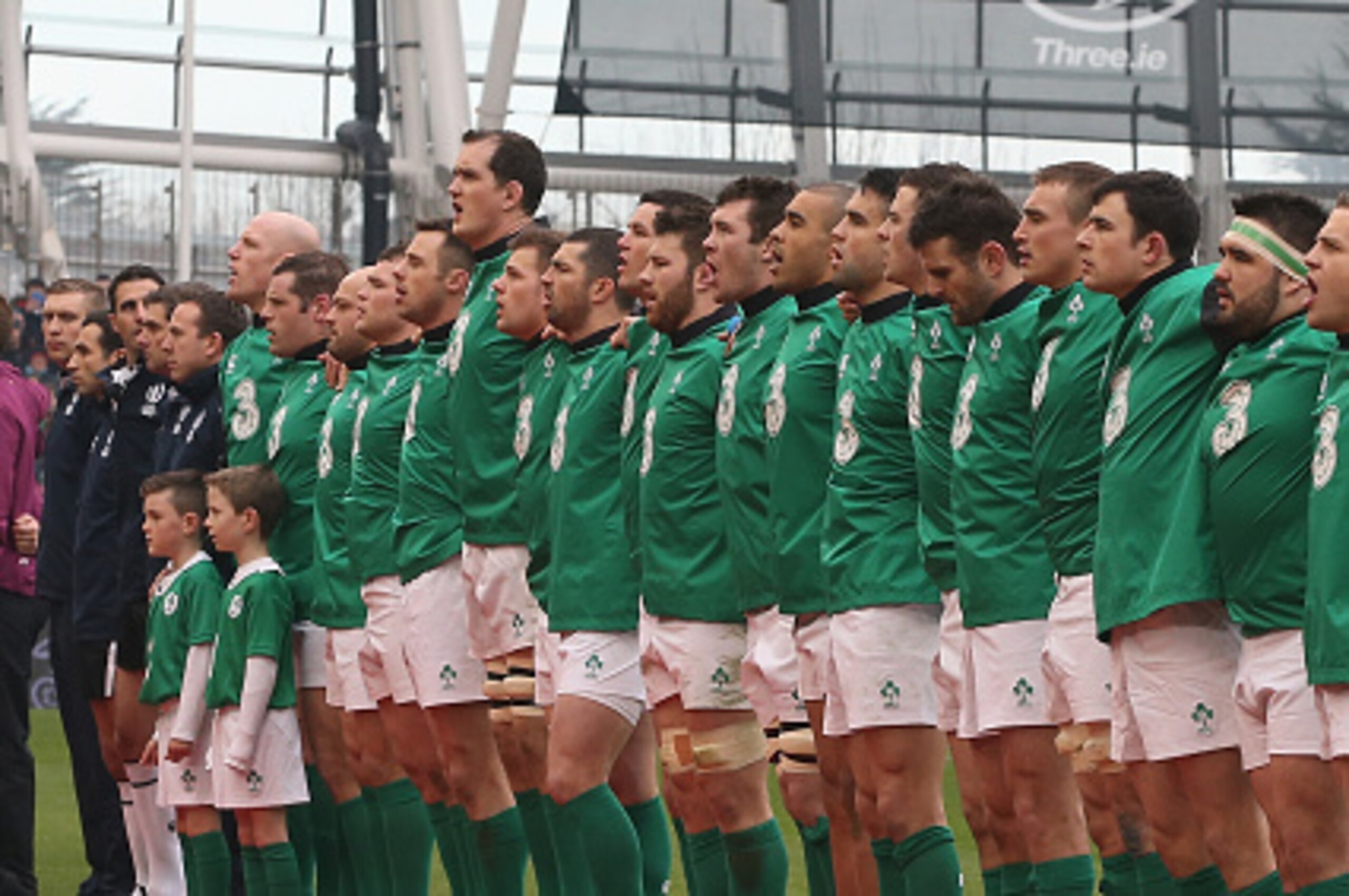 DUBLIN, IRELAND - MARCH 01:  Ireland line up for the anthems during the RBS Six Nations match between Ireland and England at the Aviva Stadium on March 1, 2015 in Dublin, Ireland.  (Photo by David Rogers/Getty Images)