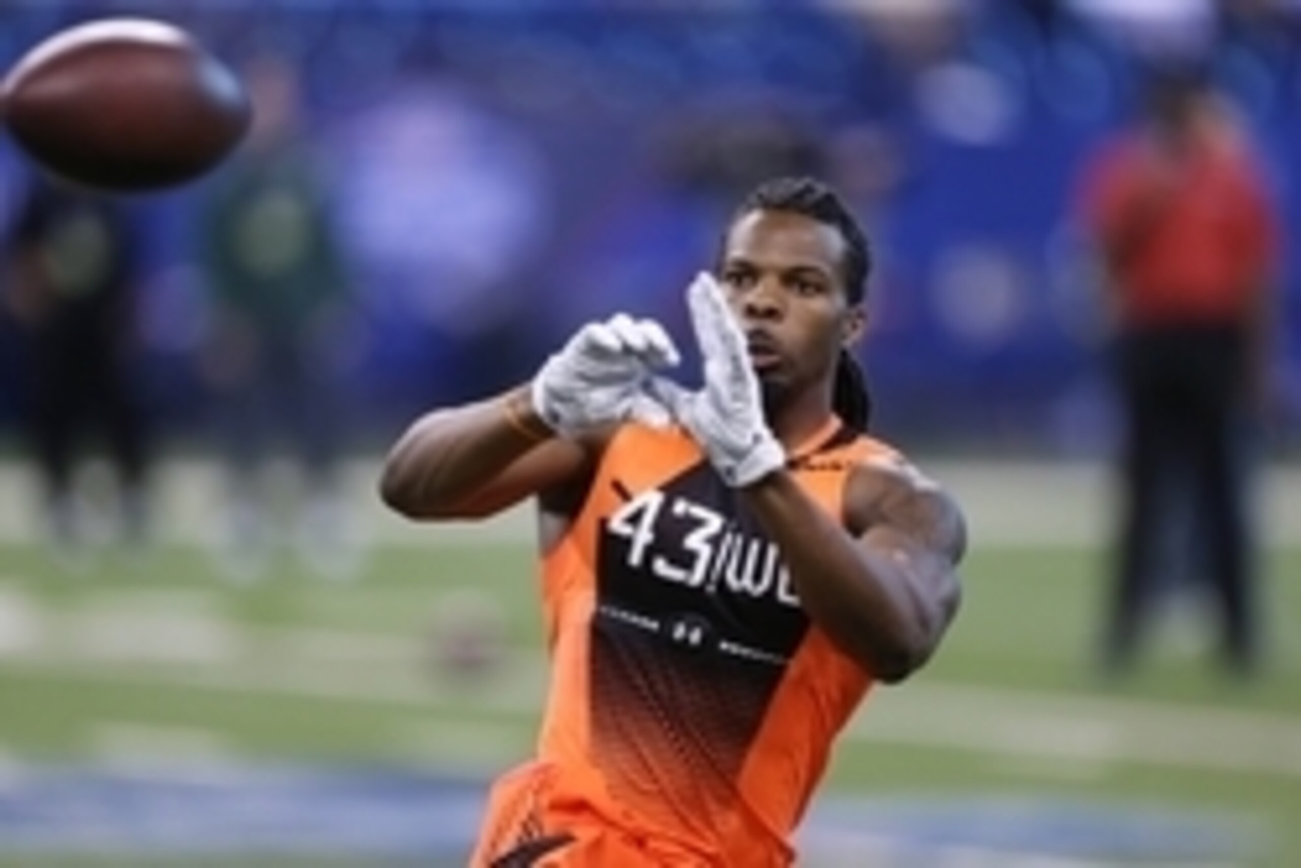 Feb 21, 2015; Indianapolis, IN, USA; West Virginia Mountaineers wide receiver Kevin White catches a pass during the 2015 NFL Combine at Lucas Oil Stadium. Mandatory Credit: Brian Spurlock-USA TODAY Sports