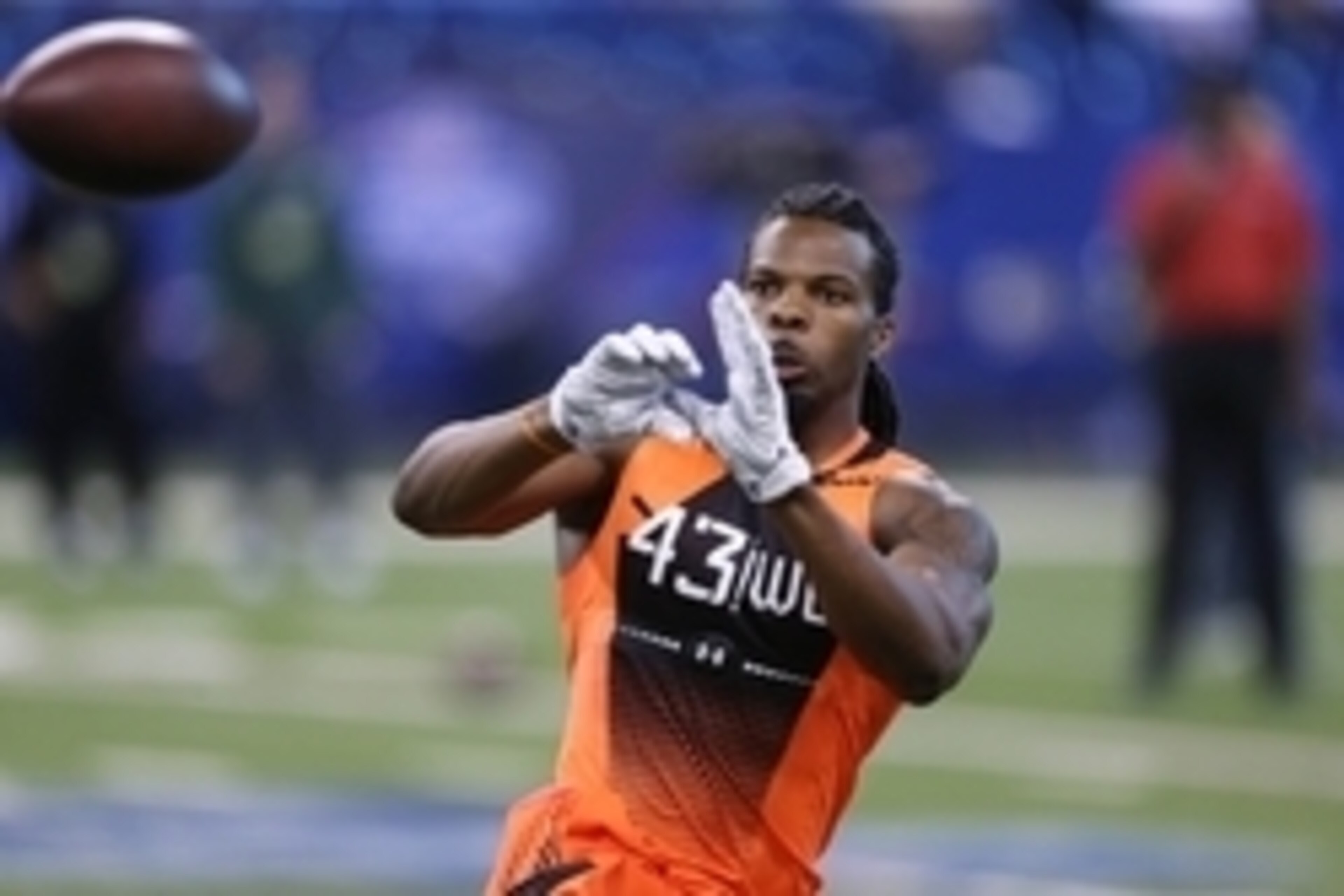 Feb 21, 2015; Indianapolis, IN, USA; West Virginia Mountaineers wide receiver Kevin White catches a pass during the 2015 NFL Combine at Lucas Oil Stadium. Mandatory Credit: Brian Spurlock-USA TODAY Sports