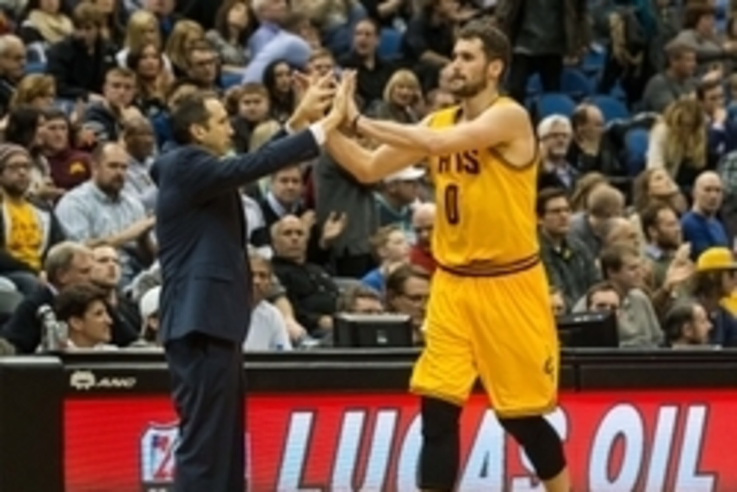 Jan 31, 2015; Minneapolis, MN, USA; Cleveland Cavaliers forward Kevin Love (0) and head coach David Blatt against the Minnesota Timberwolves at Target Center. The Cavaliers defeated the Timberwolves 106-90. Mandatory Credit: Brace Hemmelgarn-USA TODAY Spo