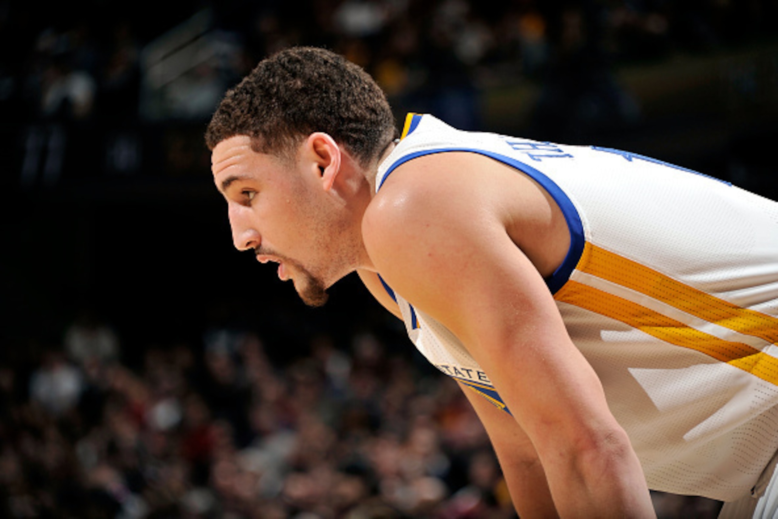 CLEVELAND, OH - FEBRUARY 26: Klay Thompson #11 of the Golden State Warriors stands on the court during a game against the Cleveland Cavaliers at The Quicken Loans Arena on February 26, 2015 in Cleveland, Ohio. NOTE TO USER: User expressly acknowledges and CLEVELAND, OH - FEBRUARY 26: Klay Thompson #11 of the Golden State Warriors stands on the court during a game against the Cleveland Cavaliers at The Quicken Loans Arena on February 26, 2015 in Cleveland, Ohio. NOTE TO USER: User expressly acknowledges and