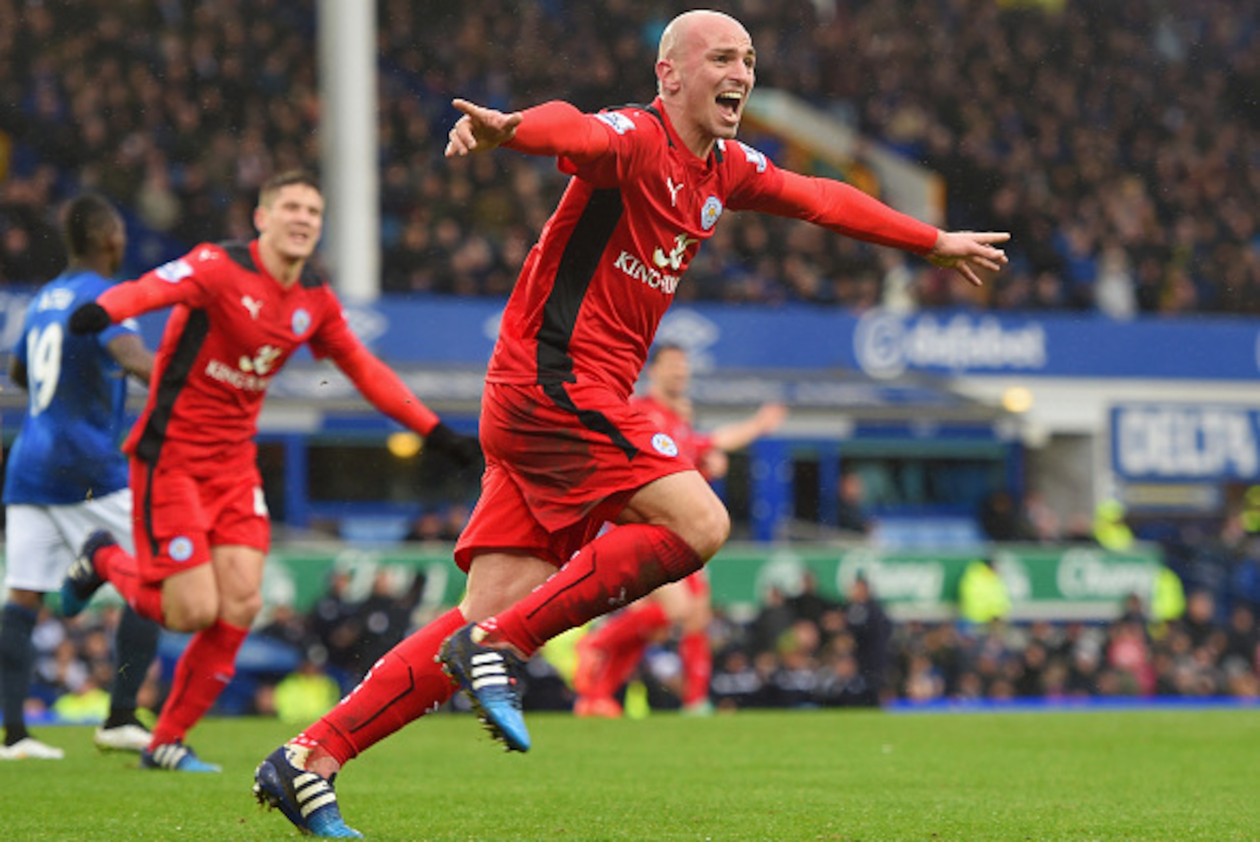 LIVERPOOL, ENGLAND - FEBRUARY 22:  Esteban Cambiasso of Leicester City celebrates as he scores their second goal during the Barclays Premier League match between Everton and Leicester City at Goodison Park on February 22, 2015 in Liverpool, England.  (Pho