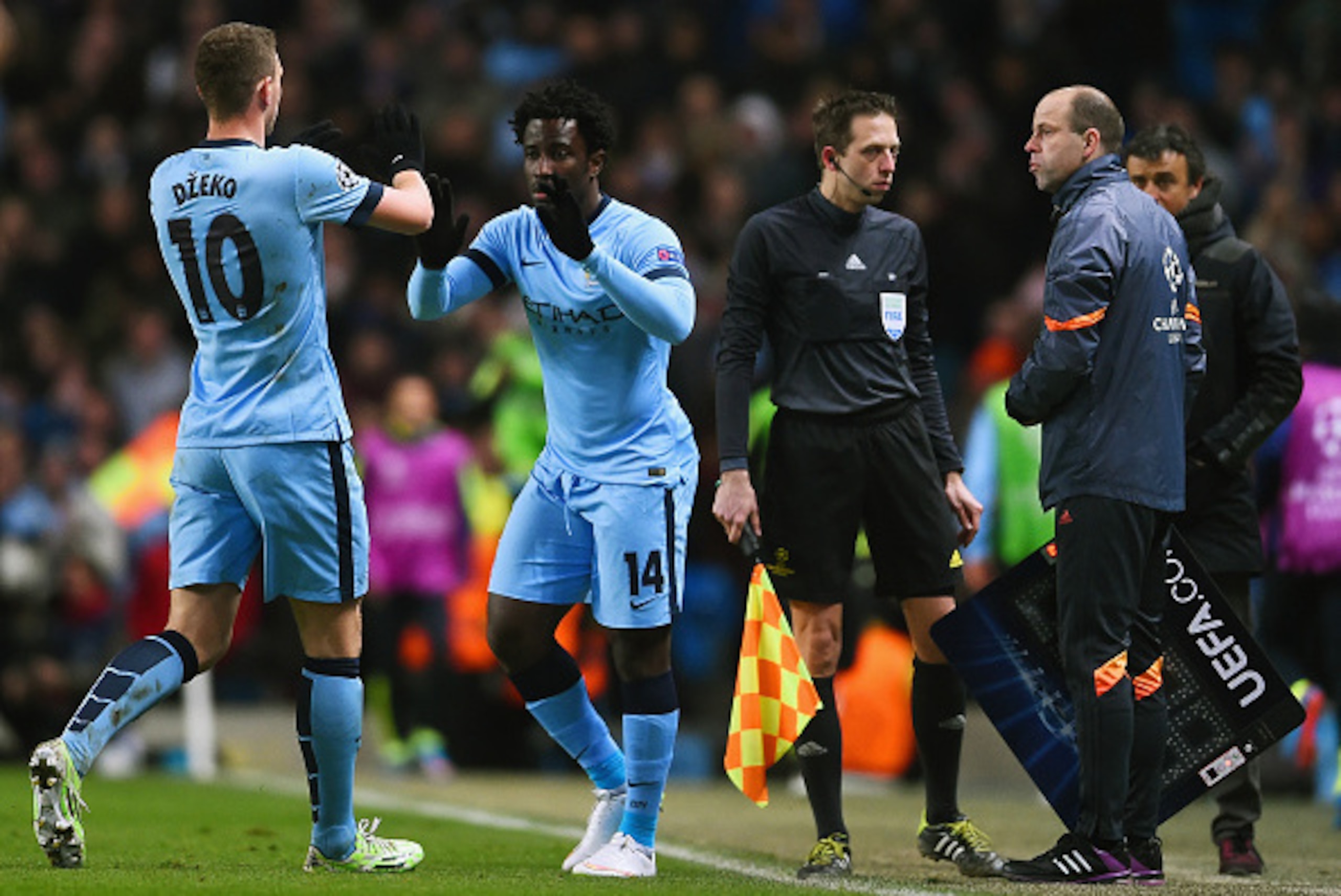 MANCHESTER, ENGLAND - FEBRUARY 24: Wilfred Bony of Manchester City replaces Edin Dzeko of Manchester City  during the UEFA Champions League Round of 16 match between Manchester City and Barcelona at Etihad Stadium on February 24, 2015 in Manchester, Unite