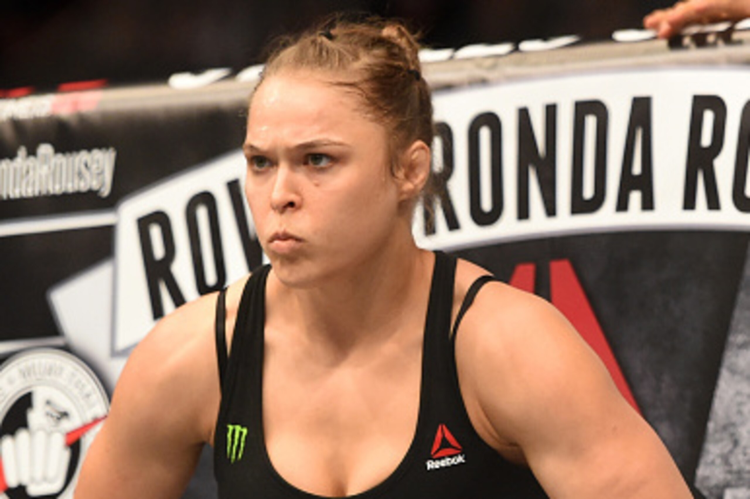 LOS ANGELES, CA - FEBRUARY 28:  Ronda Rousey enters the Octagon in her UFC women's bantamweight championship bout against Cat Zingano during the UFC 184 event at Staples Center on February 28, 2015 in Los Angeles, California.  (Photo by Harry How/Getty Im