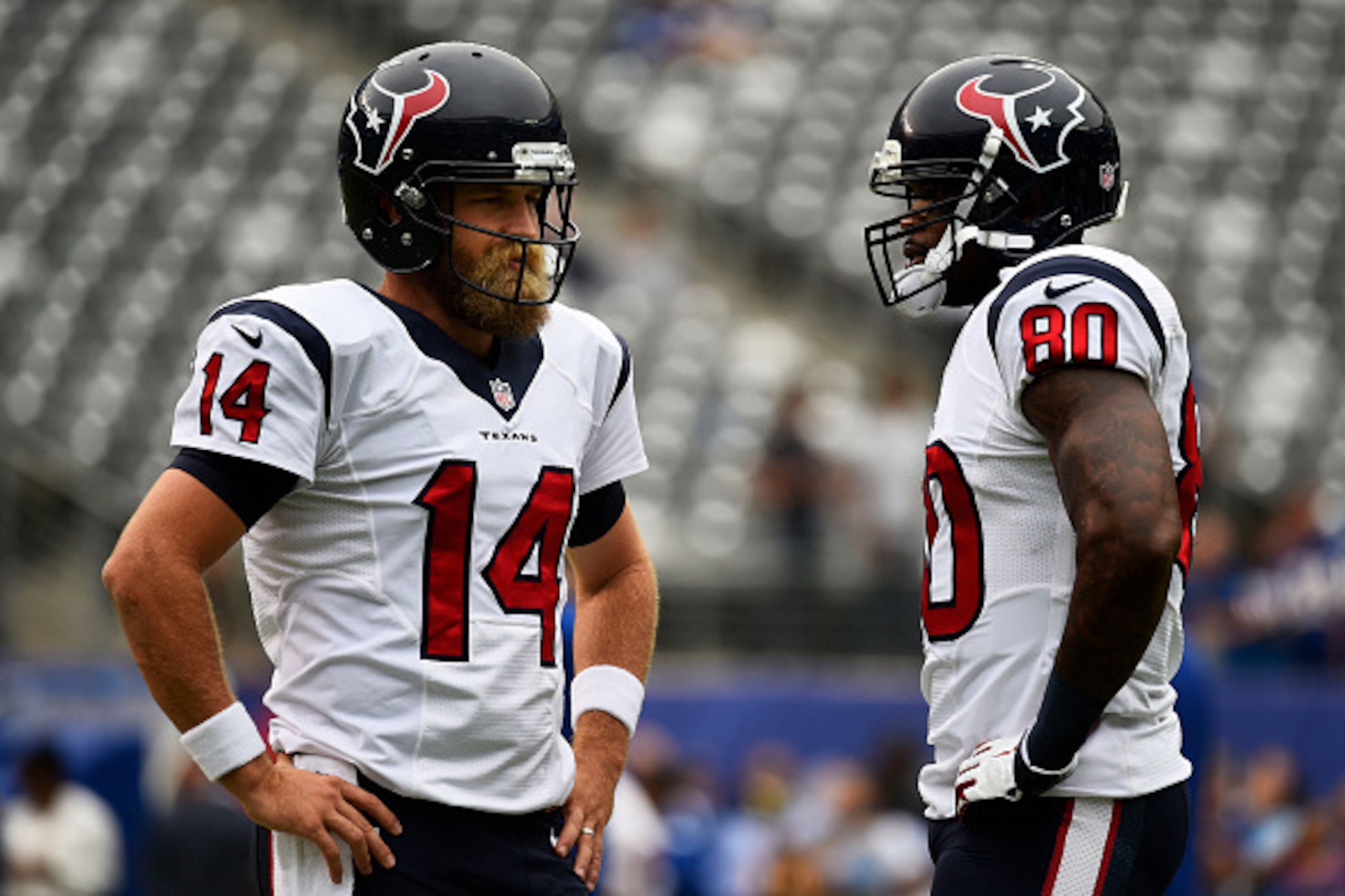 EAST RUTHERFORD, NJ - SEPTEMBER 21:   Ryan Fitzpatrick #14 and Andre Johnson #80 of the Houston Texans talk during warm ups for their game against the New York Giants at MetLife Stadium on September 21, 2014 in East Rutherford, New Jersey.  (Photo by Alex