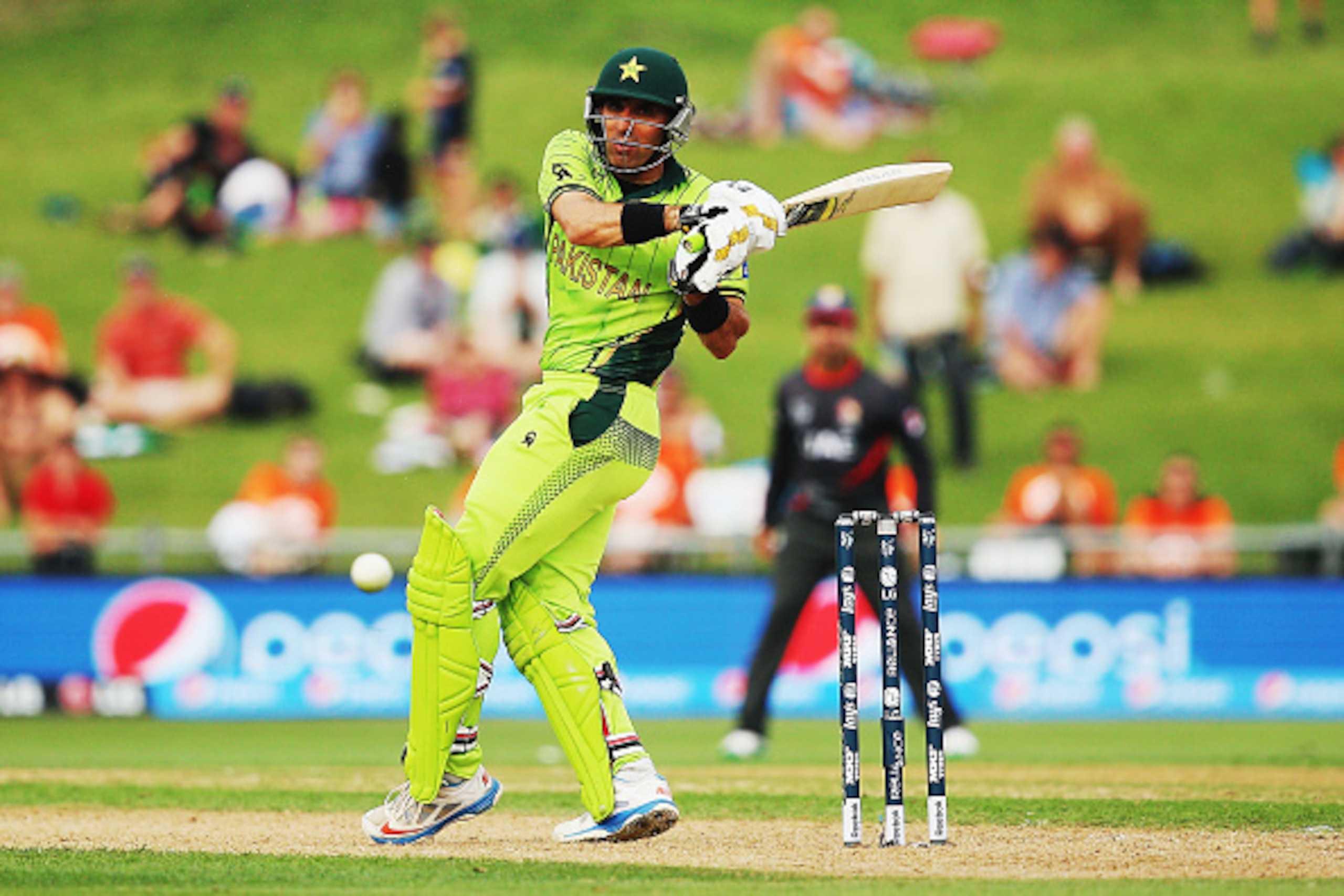 NAPIER, NEW ZEALAND - MARCH 04:  Misbah-ul-Haq of Pakistan pulls the ball away for four runs during the 2015 ICC Cricket World CUp match between Pakistan and the United Arab Emirates at McLean Park on March 4, 2015 in Napier, New Zealand.  (Photo by Hanna