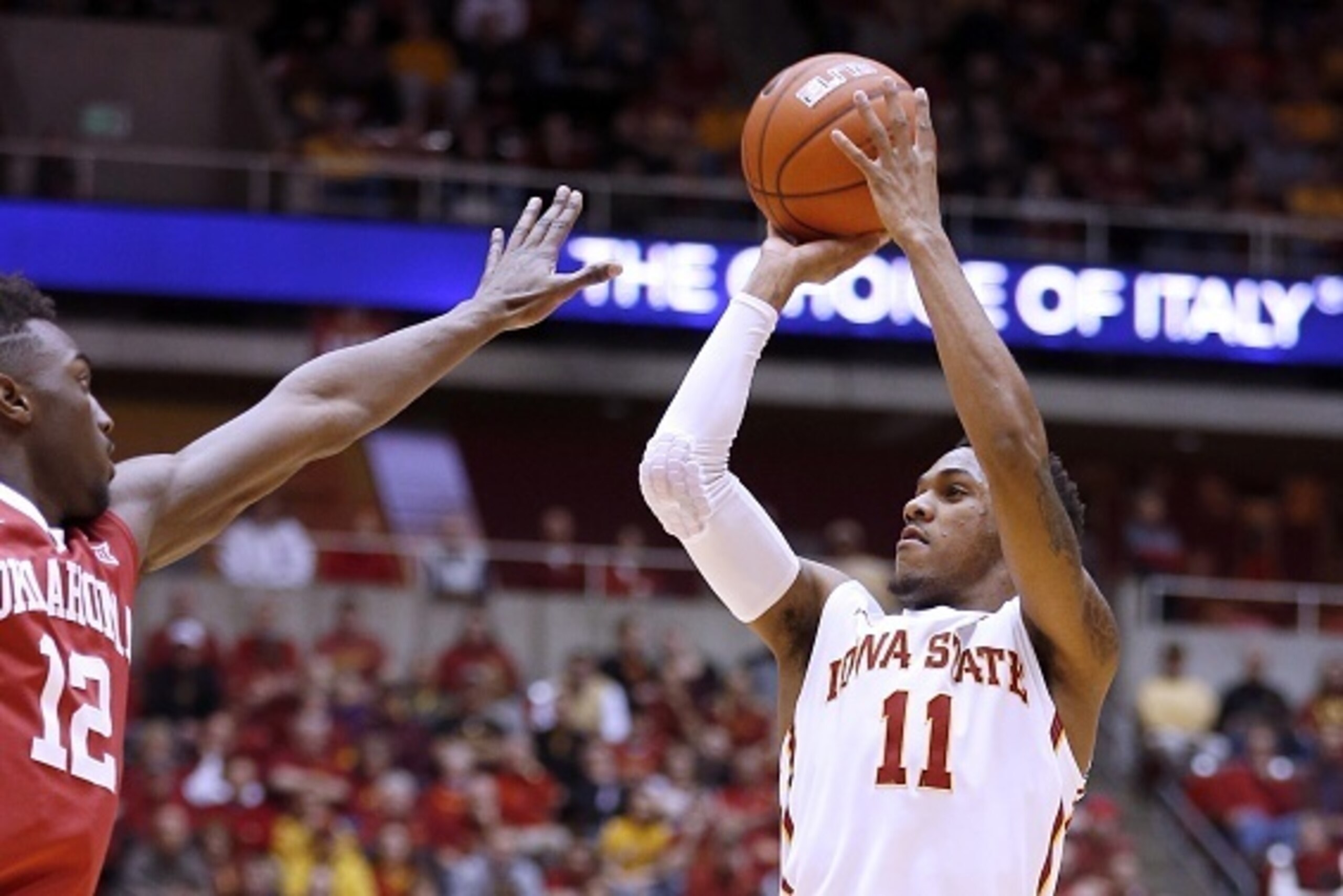 AMES, IA - MARCH 2: Monte Morris #11 of the Iowa State Cyclones takes a shot as Khadeem Lattin #12 of the Oklahoma Sooners blocks in the first half of play at Hilton Coliseum on March 2, 2015 in Ames, Iowa. (Photo by David Purdy/Getty Images) AMES, IA - MARCH 2: Monte Morris #11 of the Iowa State Cyclones takes a shot as Khadeem Lattin #12 of the Oklahoma Sooners blocks in the first half of play at Hilton Coliseum on March 2, 2015 in Ames, Iowa. (Photo by David Purdy/Getty Images)