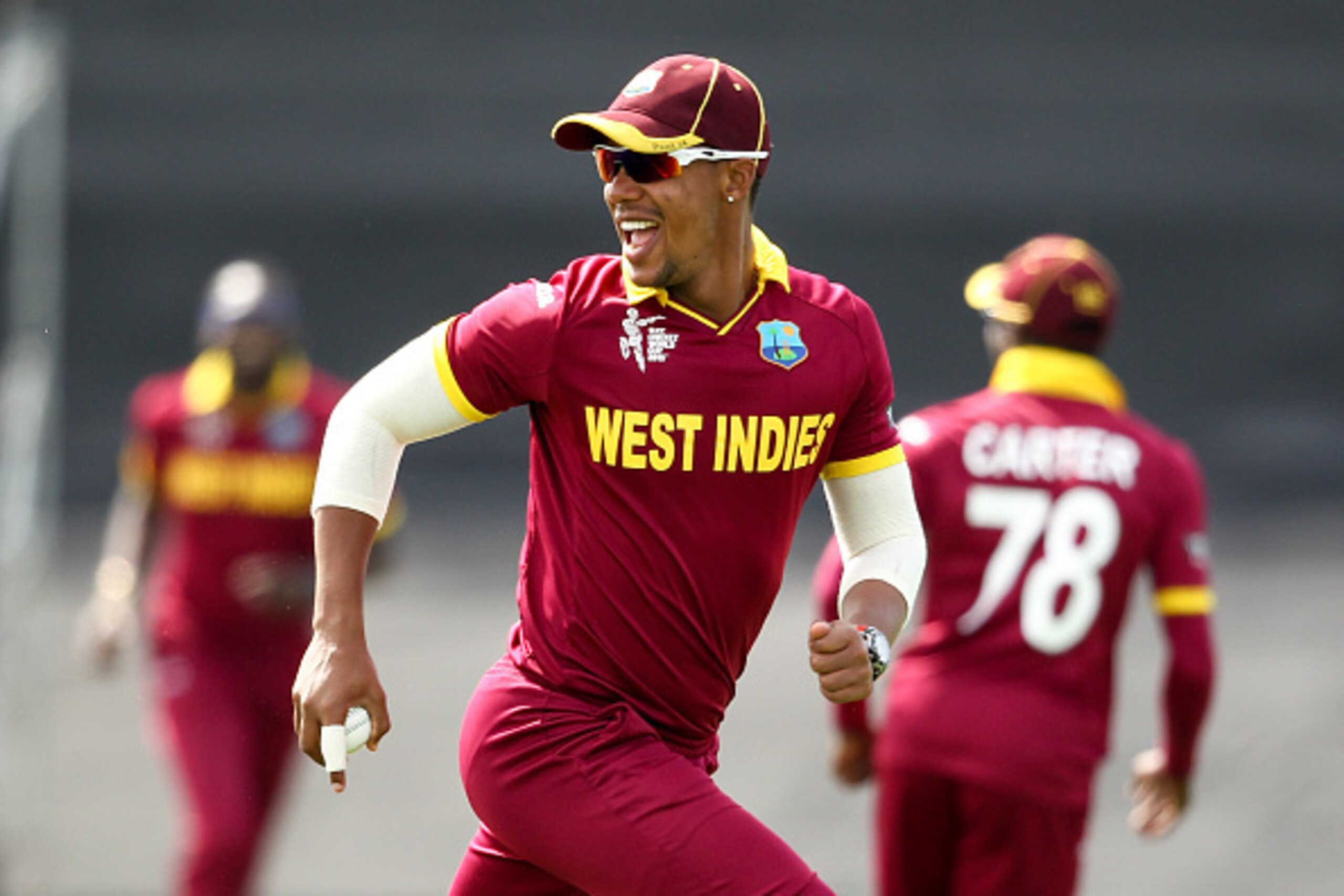 CHRISTCHURCH, NEW ZEALAND - FEBRUARY 21: Lendl Simmons of the West Indies celebrates after holding a catch during the 2015 ICC Cricket World Cup match between Pakistan and the West Indies at Hagley Oval on February 21, 2015 in Christchurch, New Zealand. CHRISTCHURCH, NEW ZEALAND - FEBRUARY 21: Lendl Simmons of the West Indies celebrates after holding a catch during the 2015 ICC Cricket World Cup match between Pakistan and the West Indies at Hagley Oval on February 21, 2015 in Christchurch, New Zealand.