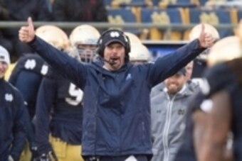 Oct 4, 2014; South Bend, IN, USA; Notre Dame Fighting Irish defensive coordinator Brian VanGorder reacts in the third quarter against the Stanford Cardinal at Notre Dame Stadium. Notre Dame won 17-14. Mandatory Credit: Matt Cashore-USA TODAY Sports