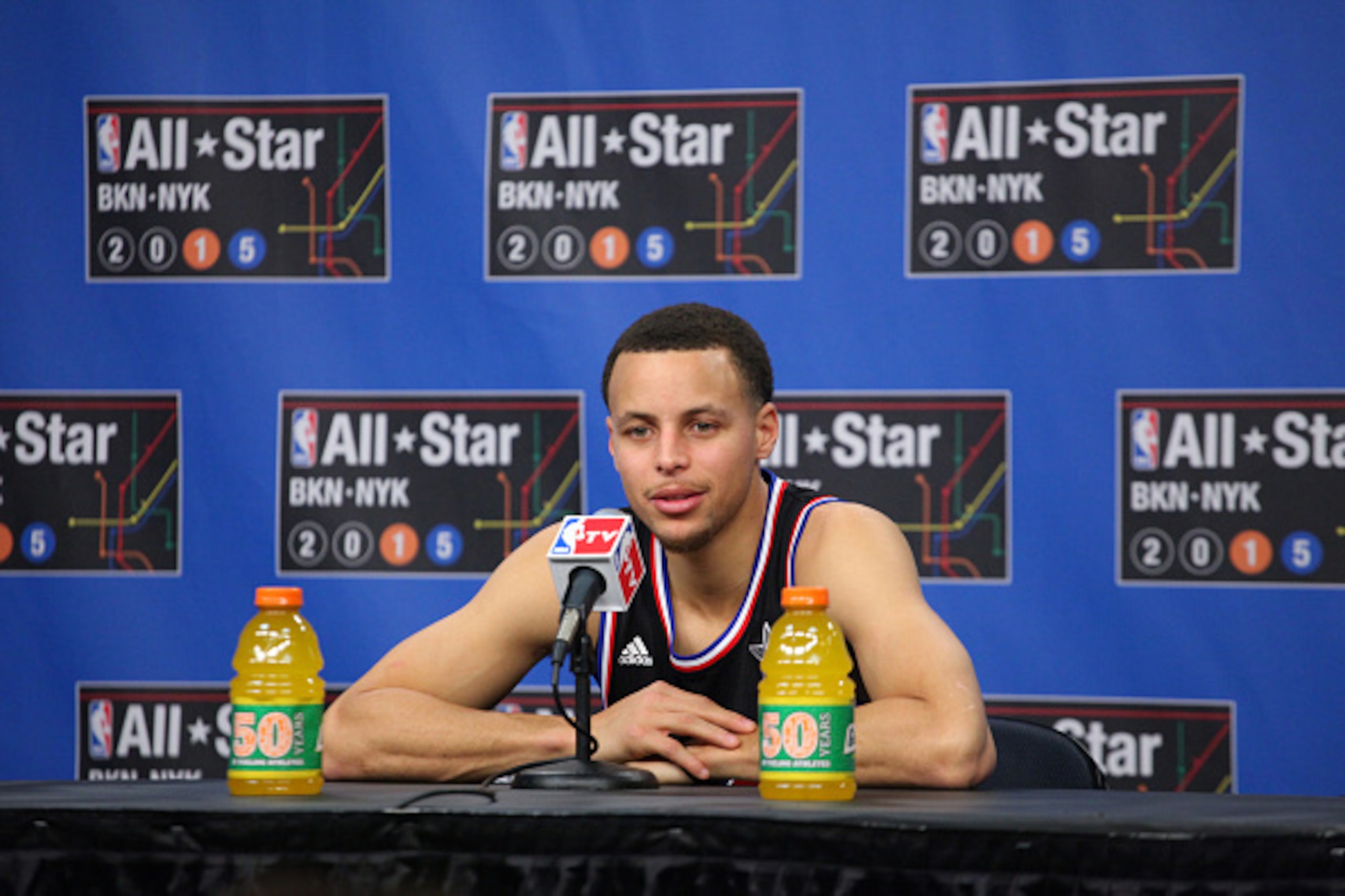 NEW YORK, NY - FEBRUARY 15: Stephen Curry of the Western Conference All-Stars talks to the media  during the 2015 NBA All-Star Game as part of the 2015 All-Star Weekend at Madison Square Garden on February 15, 2015 in New York, New York. NOTE TO USER: Use