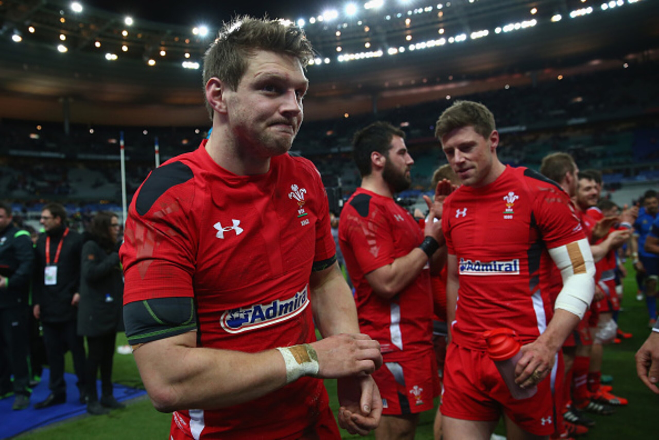 PARIS, FRANCE - FEBRUARY 28:  Dan Biggar (L)  of Wales after his sides 20-13 victory during the RBS Six Nations match between France and Wales at the Stade de France on February 28, 2015 in Paris, France.  (Photo by Michael Steele/Getty Images)