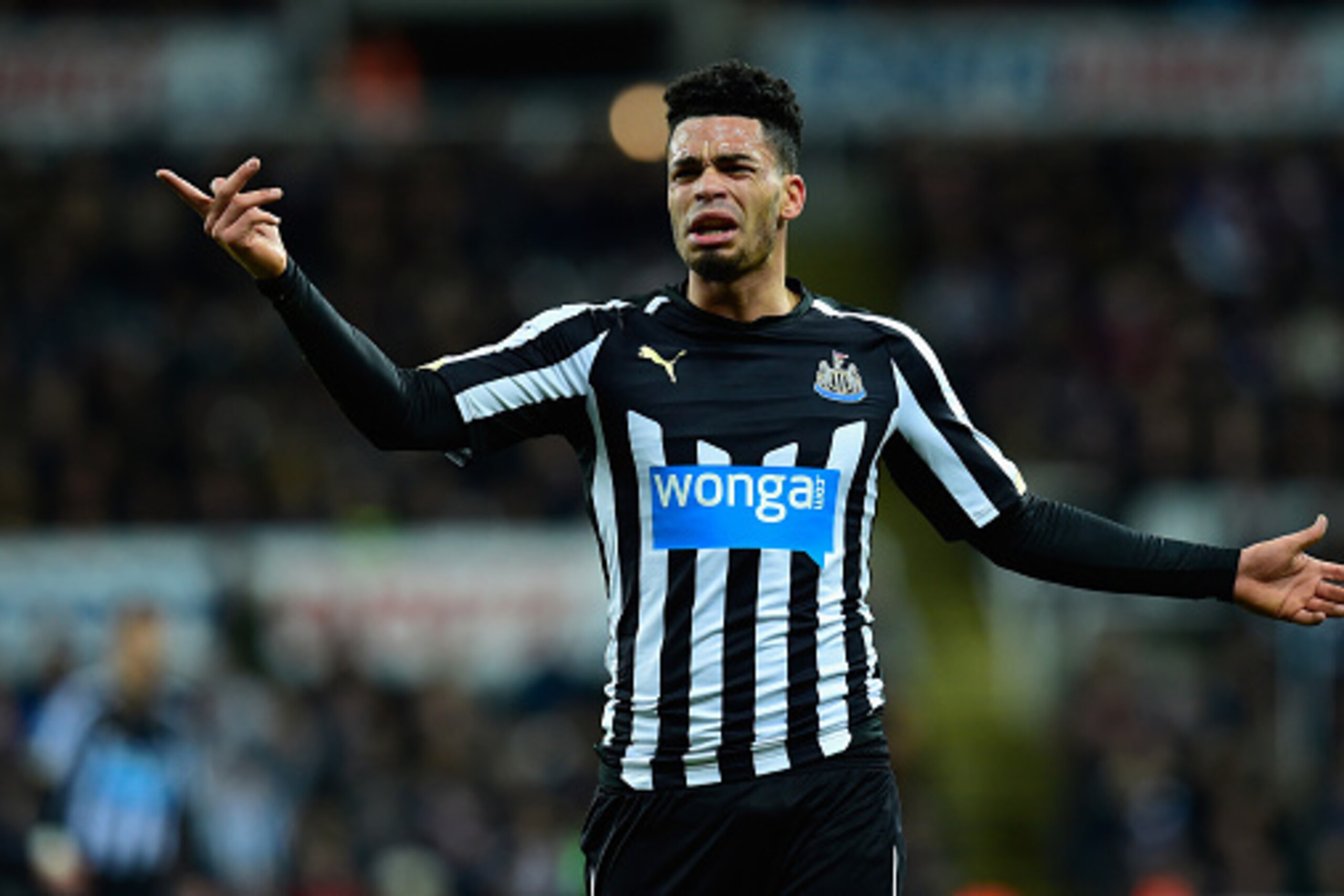 NEWCASTLE UPON TYNE, ENGLAND - MARCH 04:   Emmanuel Riviere of Newcastle reacts after a penalty appeal is turned down during the Barclays Premier League match between Newcastle United and Manchester United at St James' Park on March 4, 2015 in Newcastle u