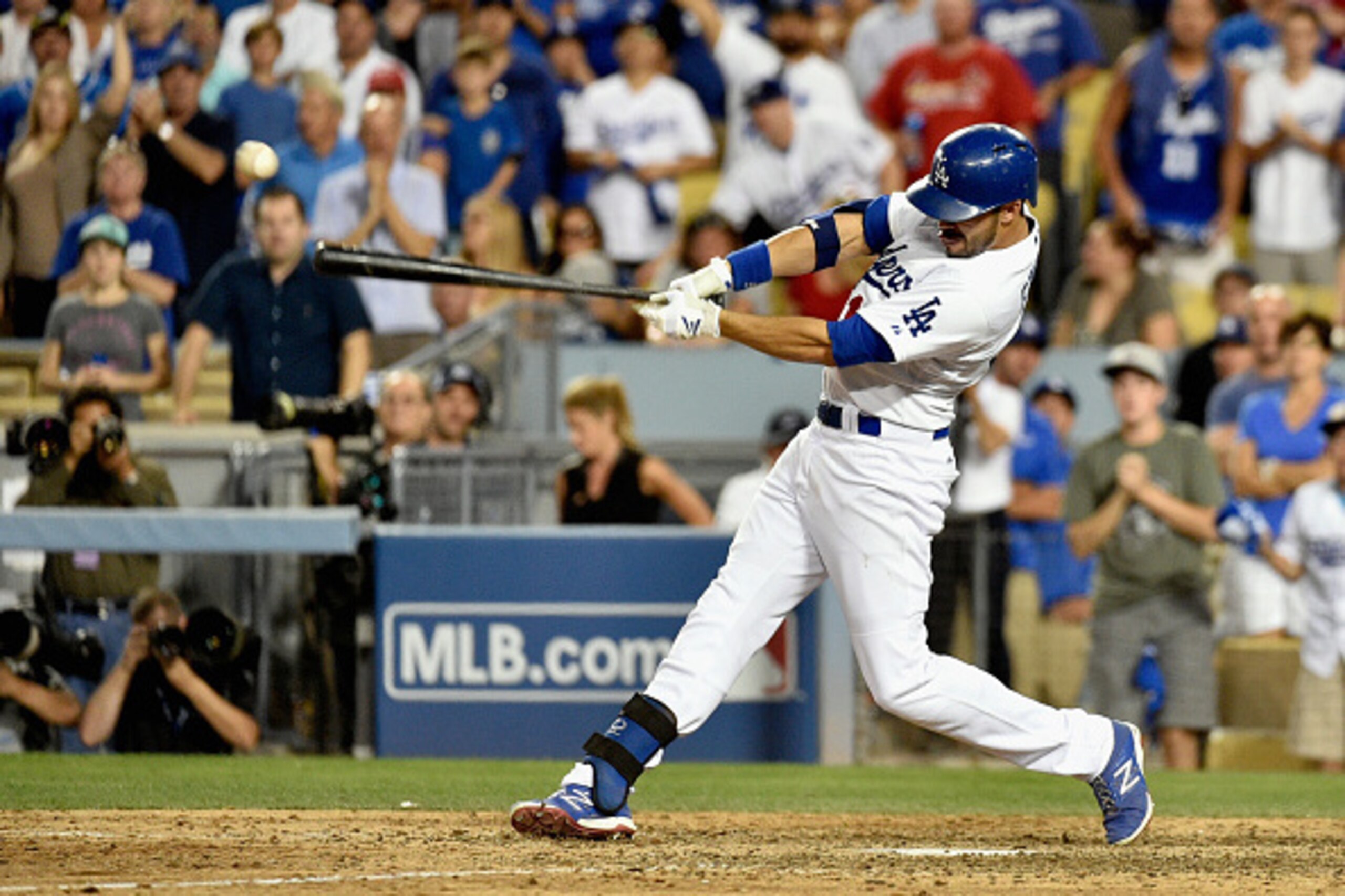 LOS ANGELES, CA - OCTOBER 03:  Andre Ethier #16 of the Los Angeles Dodgers hits a a double in the ninth inning against the St. Louis Cardinals during Game One of the National League Division Series at Dodger Stadium on October 3, 2014 in Los Angeles, Cali
