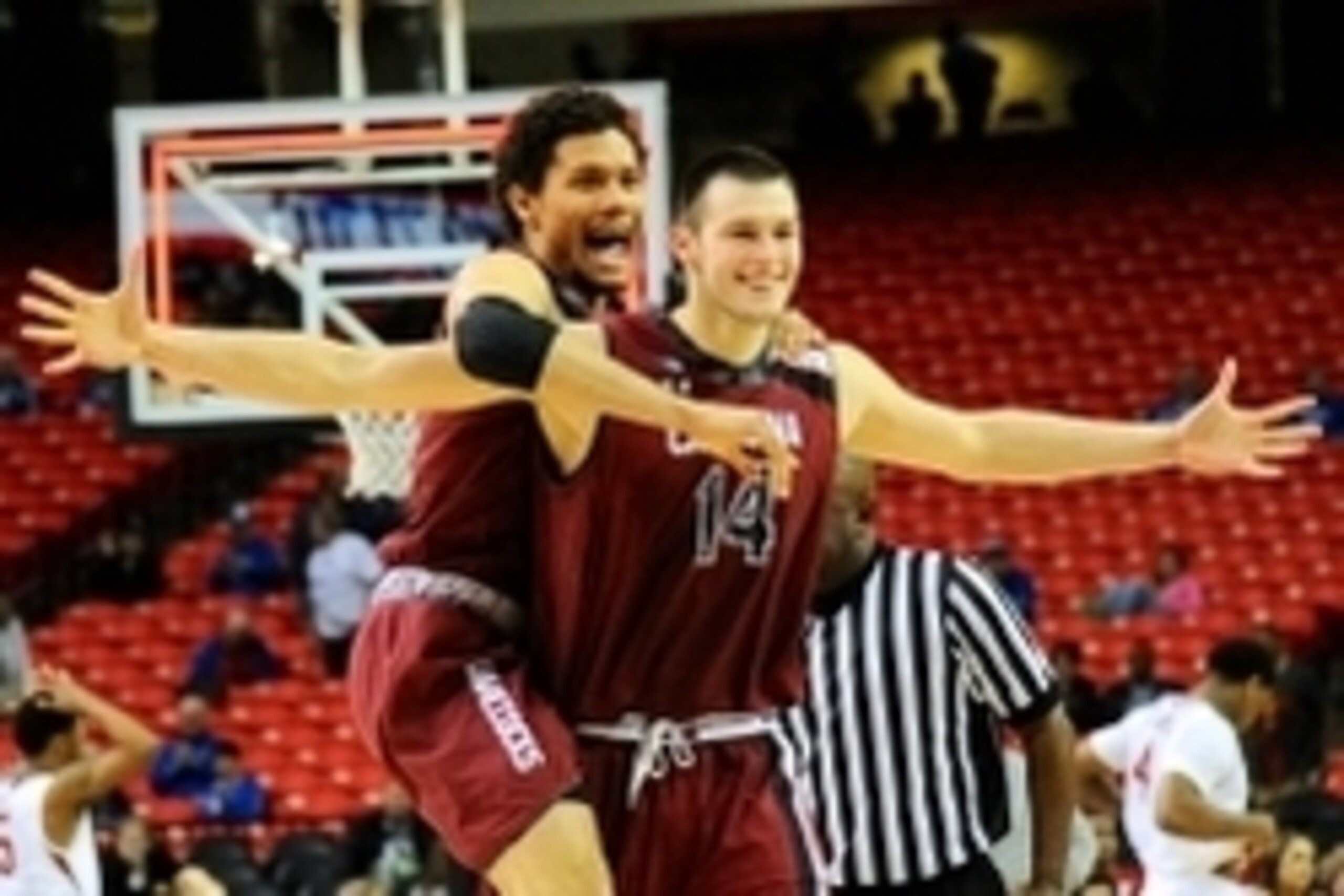 Mar 13, 2014; Atlanta, GA, USA; South Carolina Gamecocks forward Laimonas Chatkevicius (14) and forward Michael Carrera (24) react after defeating the Arkansas Razorbacks in the second round of the SEC college basketball tournament at Georgia Dome. South 