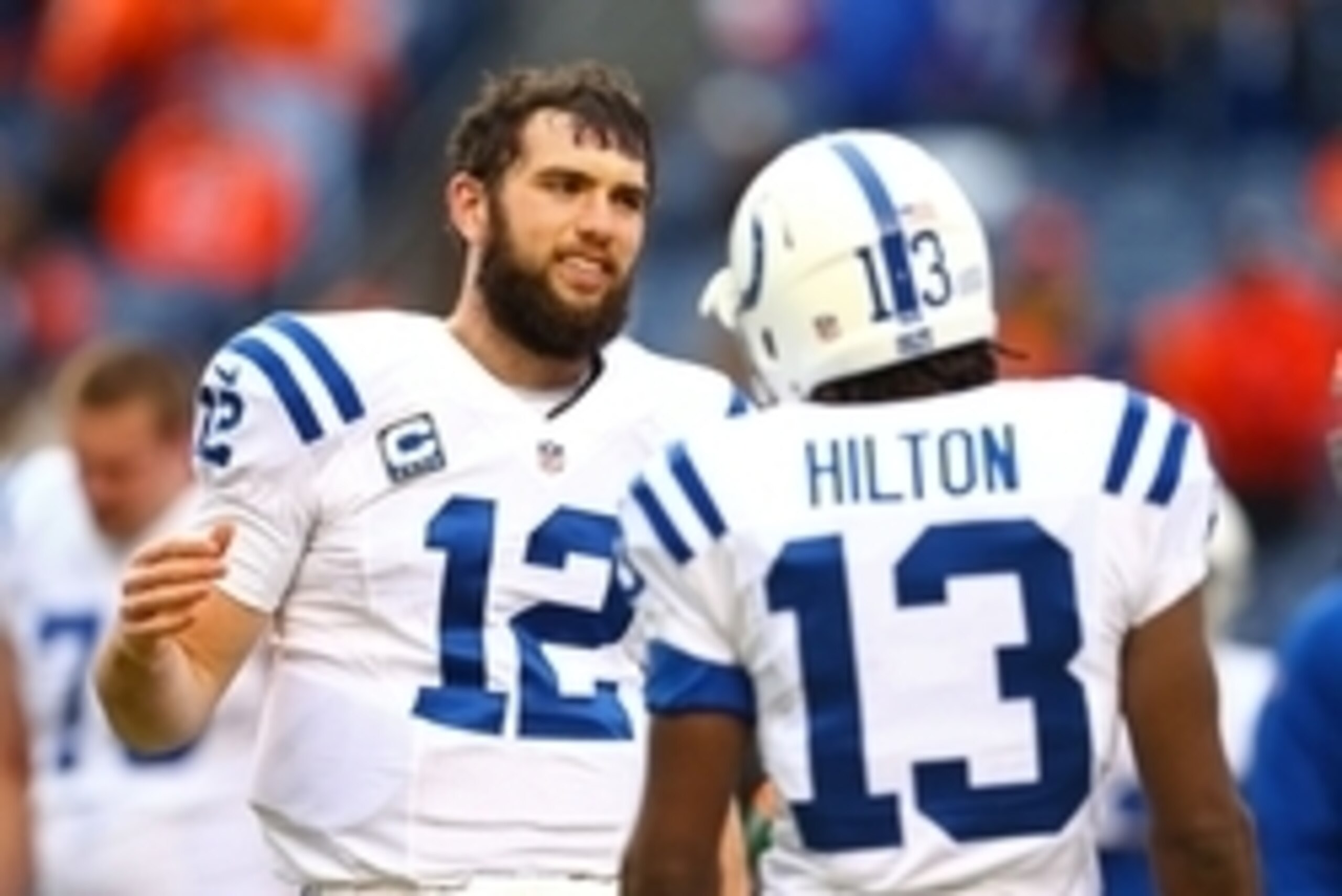 Jan 11, 2015; Denver, CO, USA; Indianapolis Colts quarterback Andrew Luck (12) with wide receiver T.Y. Hilton prior to the game against the Denver Broncos in the 2014 AFC Divisional playoff football game at Sports Authority Field at Mile High. The Colts d