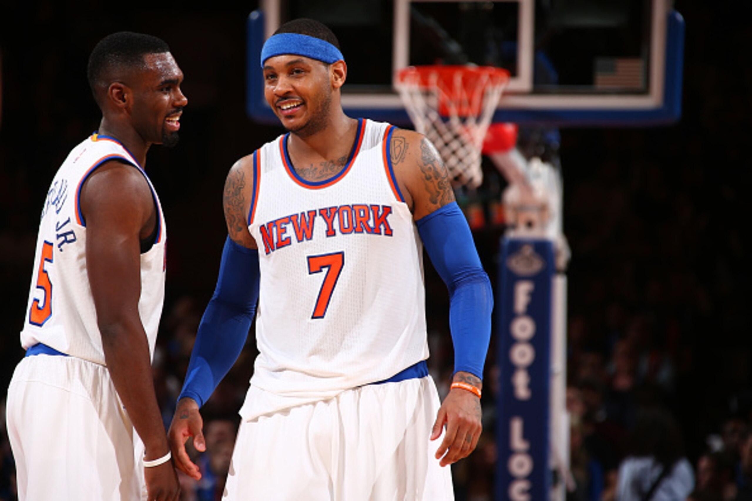 NEW YORK, NY - JANUARY 23:  Carmelo Anthony #7 and Tim Hardaway Jr. #5 of the New York Knicks during the game against the Orlando Magic on January 23, 2015 at Madison Square Garden in New York City, New York.  NOTE TO USER: User expressly acknowledges and