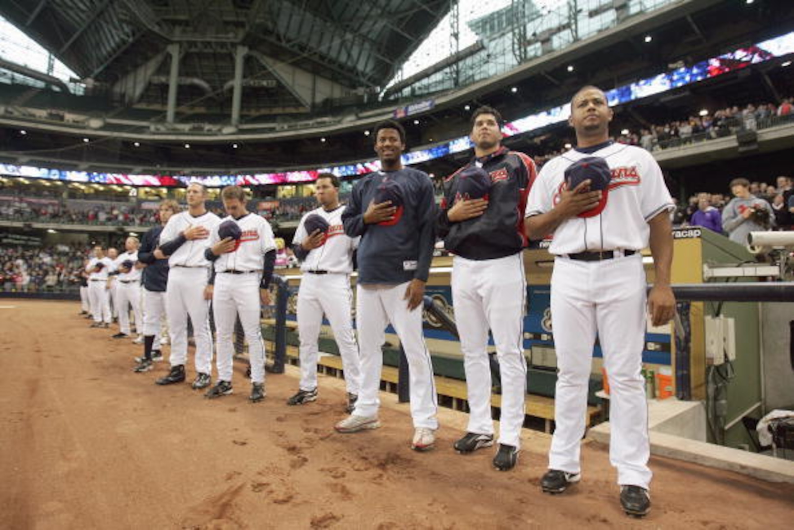 MILWAUKEE - APRIL 10: Members of the Cleveland Indians stand under the roof during the National Anthem before a home game against the Los Angeles Angels of Anaheim on April 10, 2007 at Miller Park in Milwaukee, Wisconsin. (Photo by Jonathan Daniel/Getty I