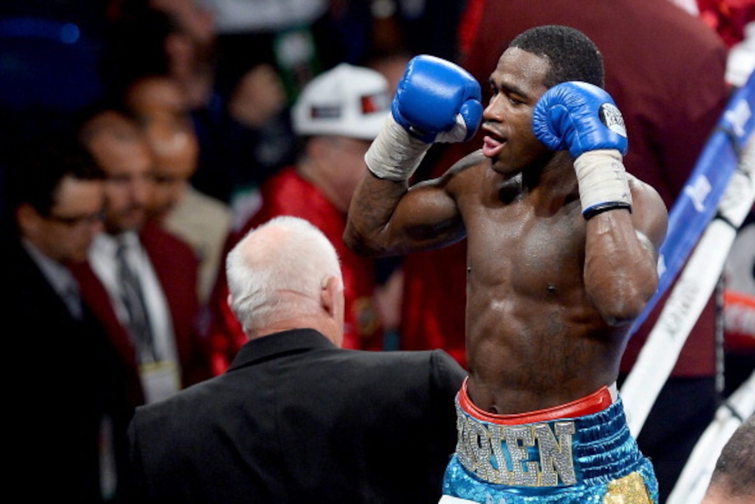 LAS VEGAS, NV - MAY 03:  Adrien Broner celebrates his unanimous-decision victory over Carlos Molina after their super lightweight bout at the MGM Grand Garden Arena on May 3, 2014 in Las Vegas, Nevada.  (Photo by Ethan Miller/Getty Images)