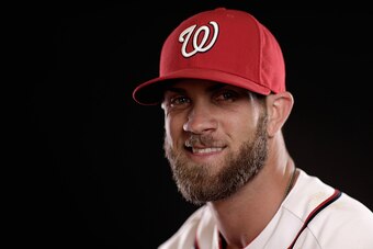 VIERA, FL - MARCH 01:  Bryce Harper #34 of the Washington Nationals poses for a portrait during photo day at Space Coast Stadium on March 1, 2015 in Viera, Florida.  (Photo by Chris Trotman/Getty Images)