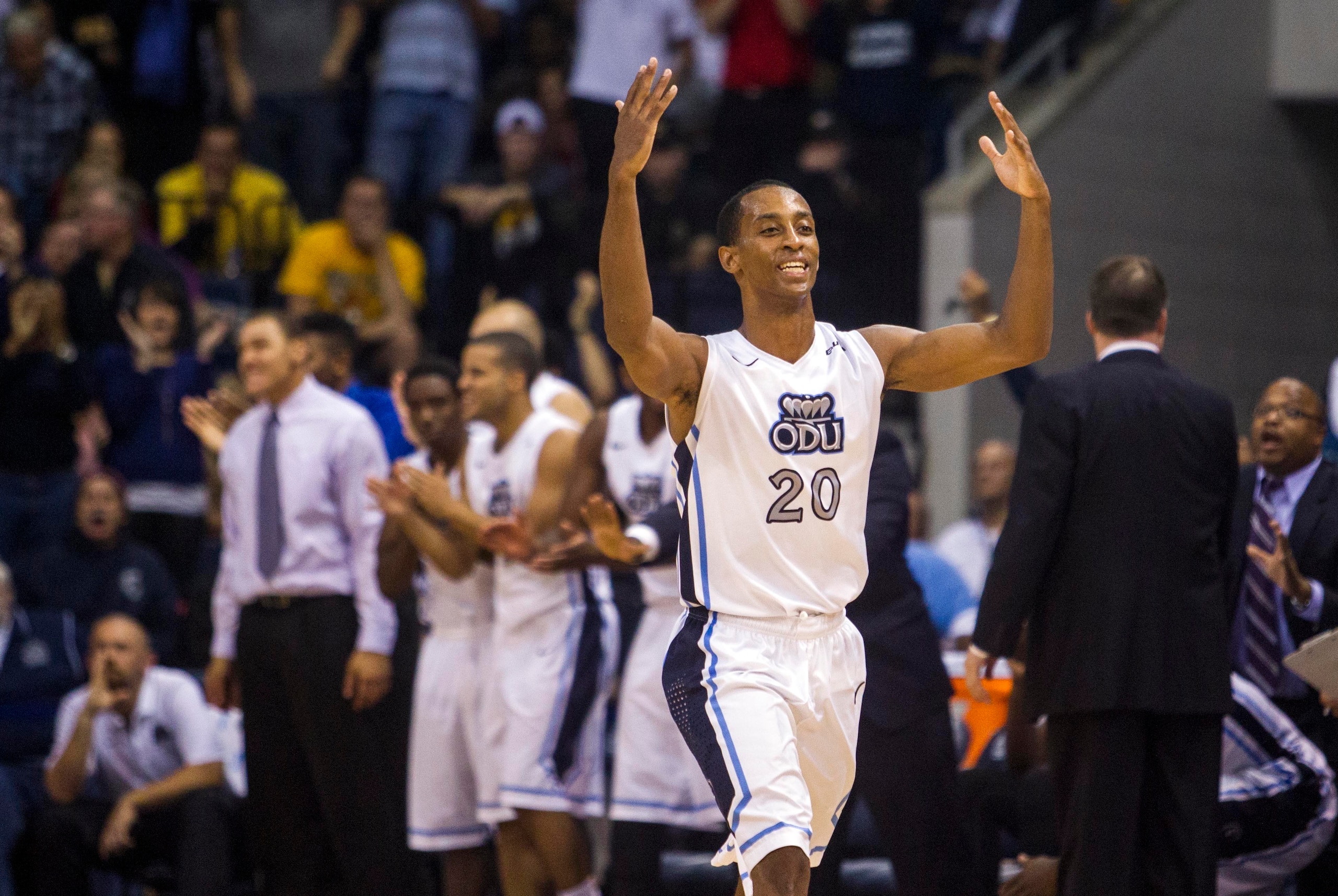 Nov 29, 2014; Norfolk, VA, USA; Old Dominion Monarchs guard Trey Freeman (20) celebrates in the closing seconds of the game against the Virginia Commonwealth Rams at Constant Convocation Center. Mandatory Credit: Peter Casey-USA TODAY Sports