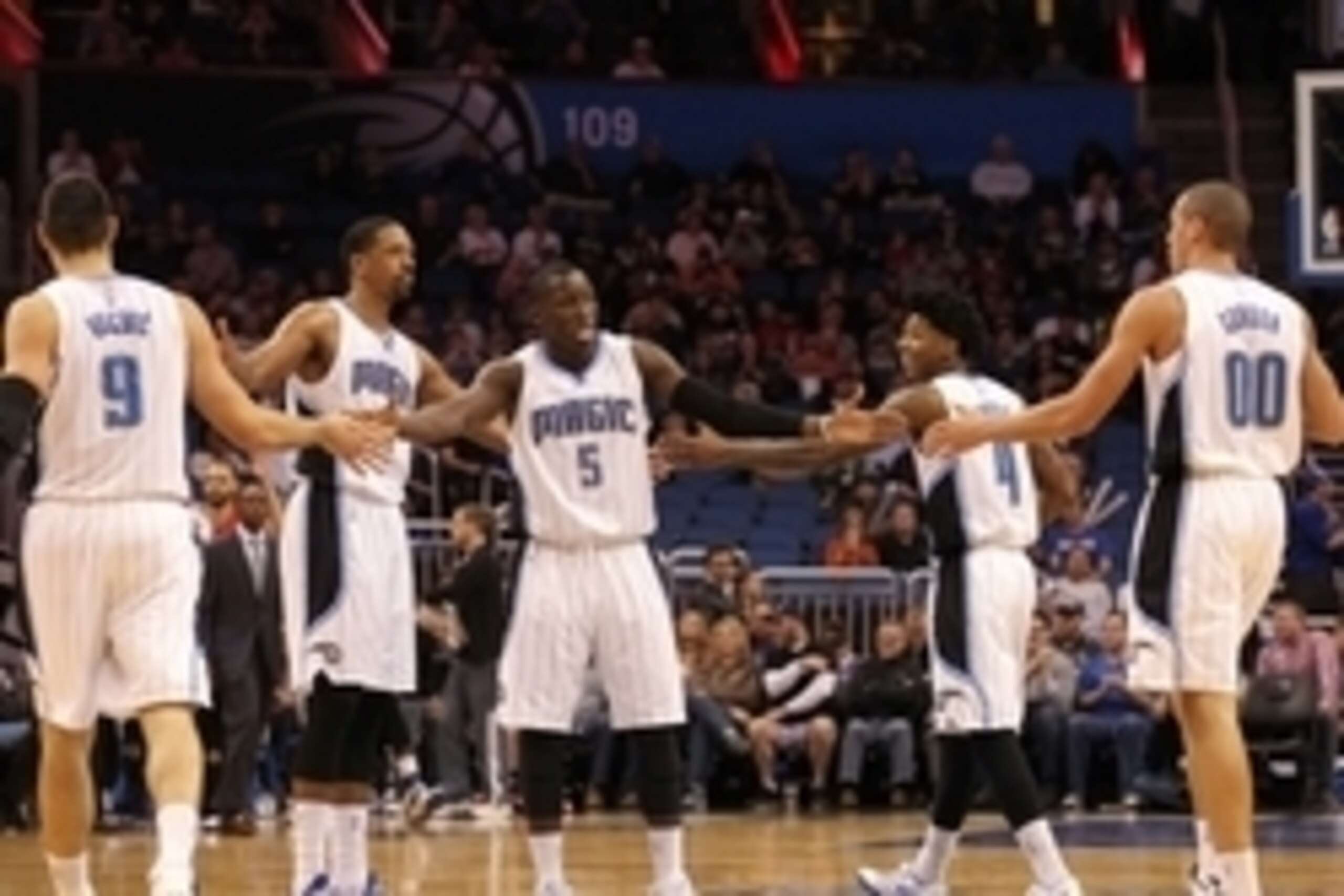 Jan 25, 2015; Orlando, FL, USA; Orlando Magic guard Victor Oladipo (5) high fives forward Channing Frye (8) and center Nikola Vucevic (9) and guard Elfrid Payton (4) and forward Aaron Gordon (00) against the Indiana Pacers during the first quarter at Amwa Jan 25, 2015; Orlando, FL, USA; Orlando Magic guard Victor Oladipo (5) high fives forward Channing Frye (8) and center Nikola Vucevic (9) and guard Elfrid Payton (4) and forward Aaron Gordon (00) against the Indiana Pacers during the first quarter at Amwa