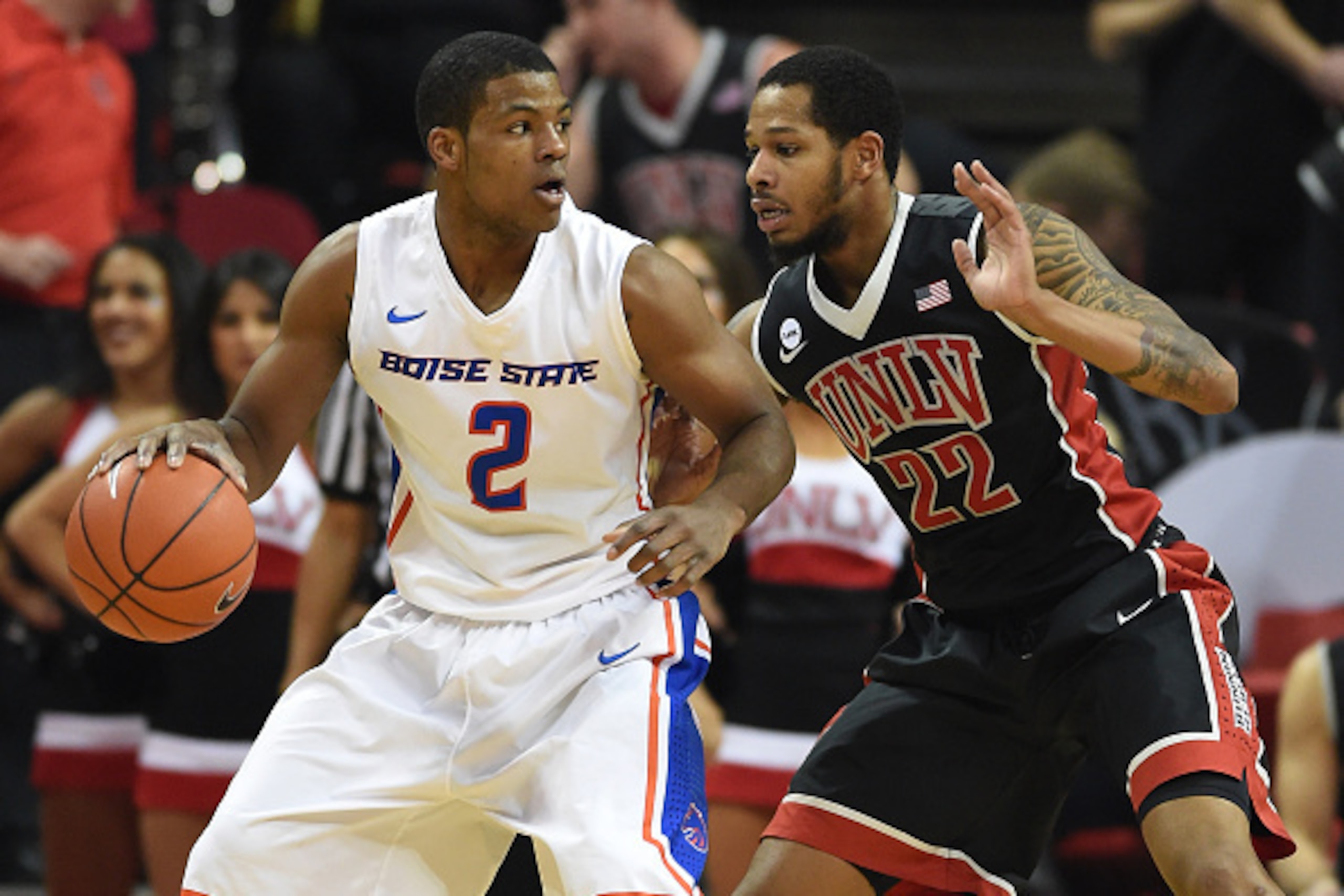 LAS VEGAS, NV - FEBRUARY 18:  Derrick Marks #2 of the Boise State Broncos is guarded by Jelan Kendrick #22 of the UNLV Rebels during their game at the Thomas & Mack Center on February 18, 2015 in Las Vegas, Nevada. Boise State won 53-48.  (Photo by Ethan 