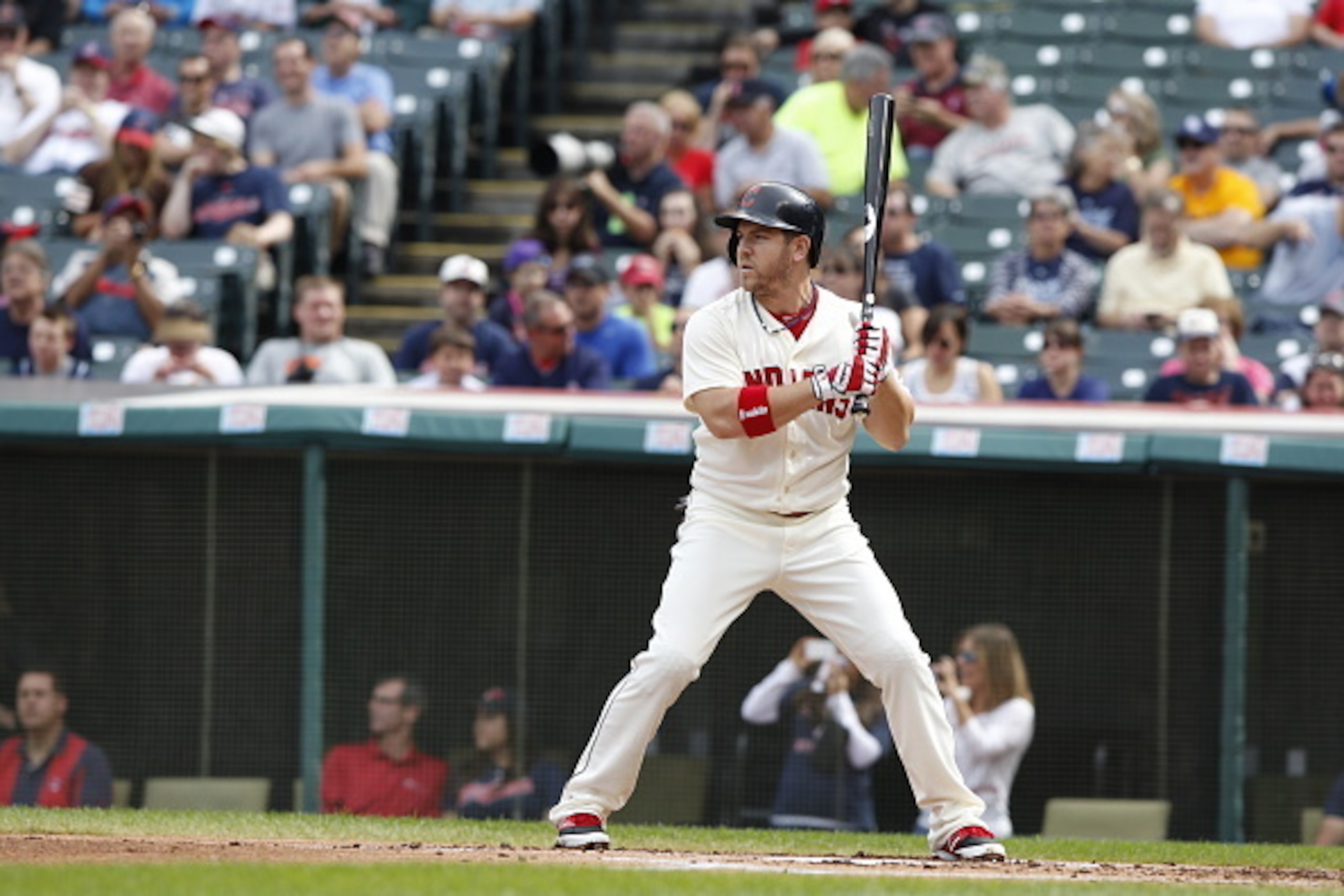 CLEVELAND, OH - SEPTEMBER 28:  J.B. Shuck #39 of the Cleveland Indians bats against the Tampa Bay Rays during the first inning of their game on September 28, 2014 at Progressive Field in Cleveland, Ohio.  The Indians defeated the Rays 7-2. (Photo by David