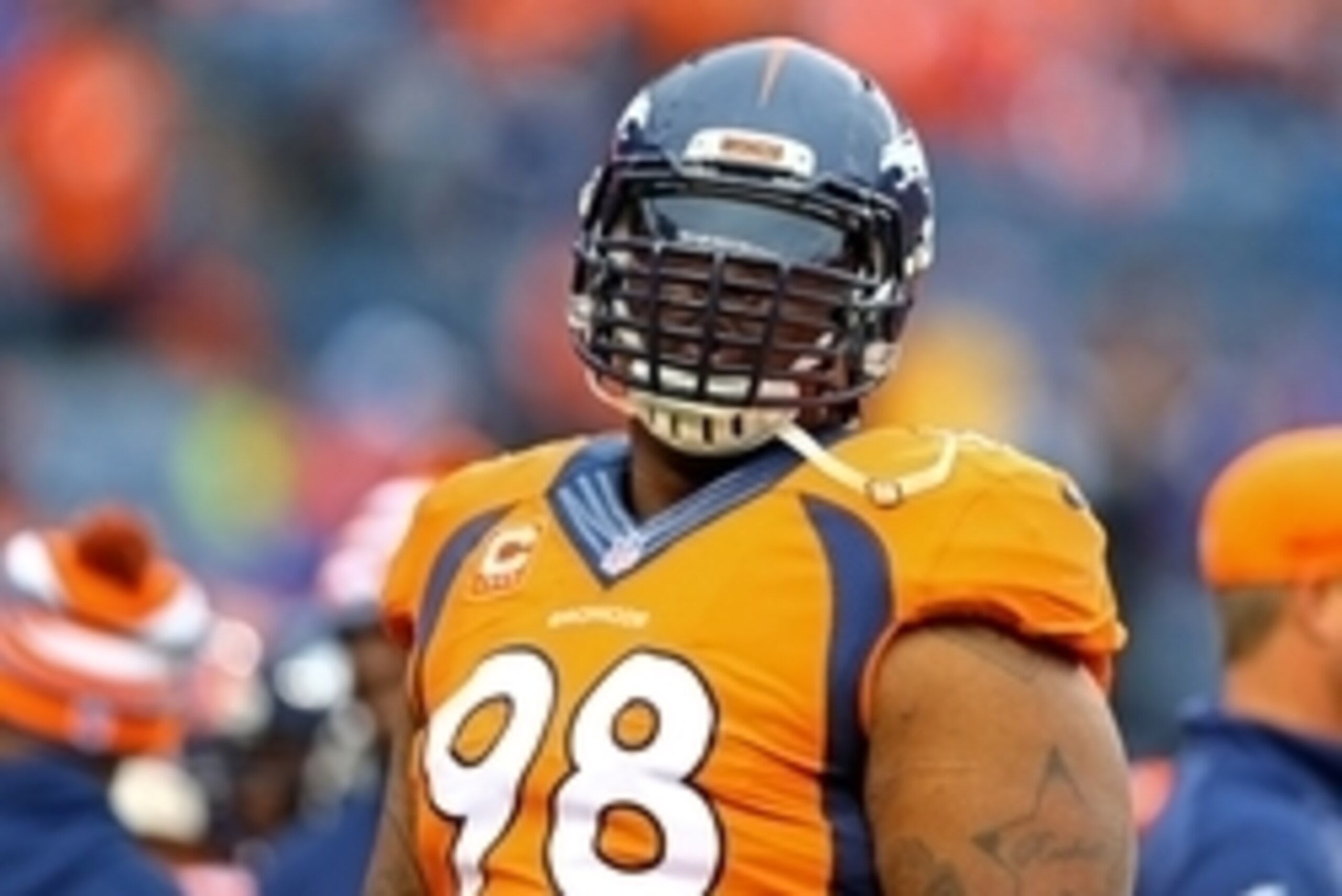 Jan 11, 2015; Denver, CO, USA; Denver Broncos defensive tackle Terrance Knighton (98) against the Indianapolis Colts in the 2014 AFC Divisional playoff football game at Sports Authority Field at Mile High. The Colts defeated the Broncos 24-13. Mandatory C