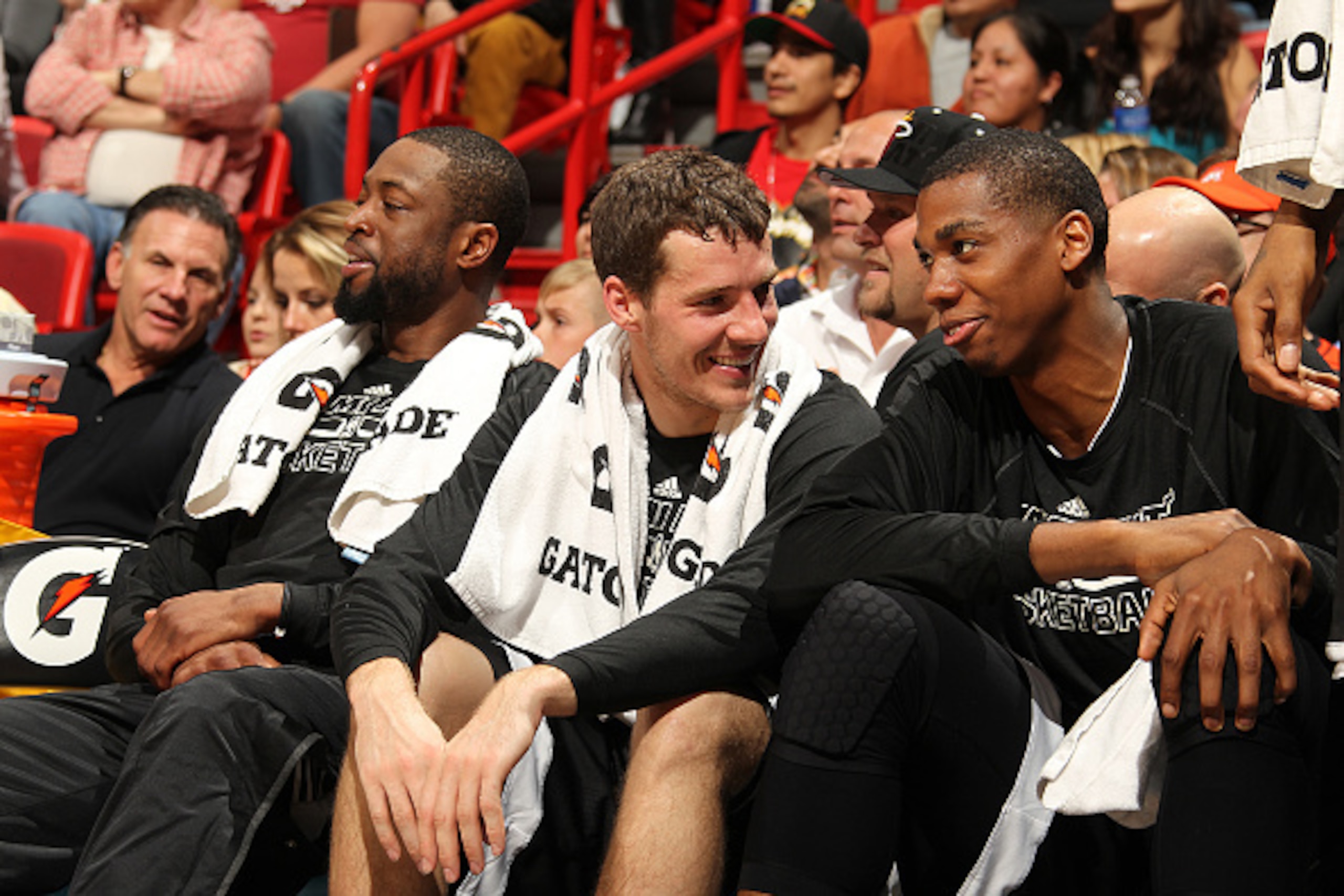 MIAMI, FL - FEBRUARY 21:  Dwyane Wade #3, Goran Dragic #7 and Hassan Whiteside #21 of the Miami Heat during the game against the New Orleans Pelicans on February 21, 2015 at AmericanAirlines Arena in Miami, Florida. NOTE TO USER: User expressly acknowledg
