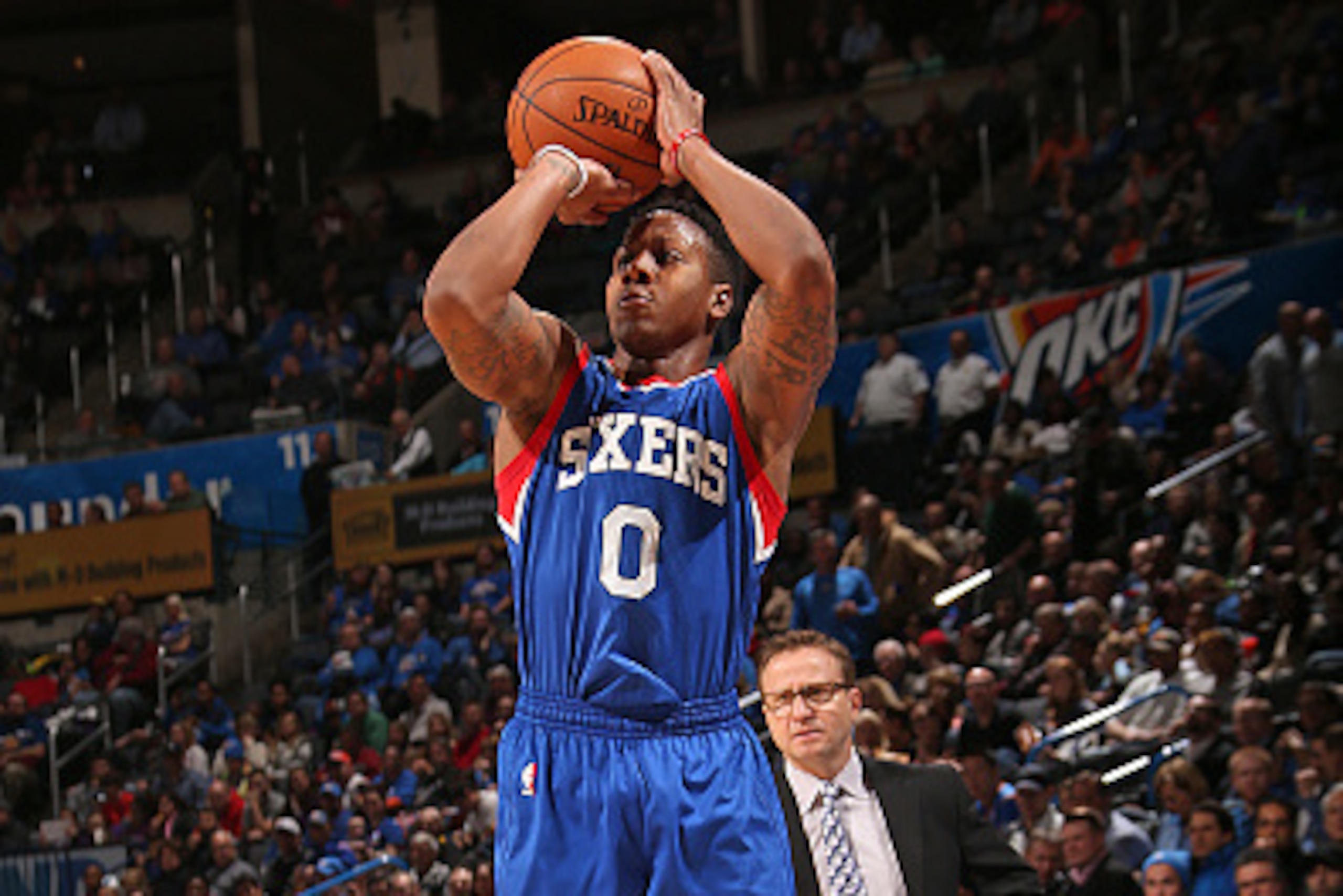 OKLAHOMA CITY, OK- March 4:  Isaiah Canaan #0 of the Philadelphia 76ers shoots the ball against the Oklahoma City Thunder during the game on March 4, 2015 at Chesapeake Energy Arena in Oklahoma City, Oklahoma. NOTE TO USER: User expressly acknowledges and