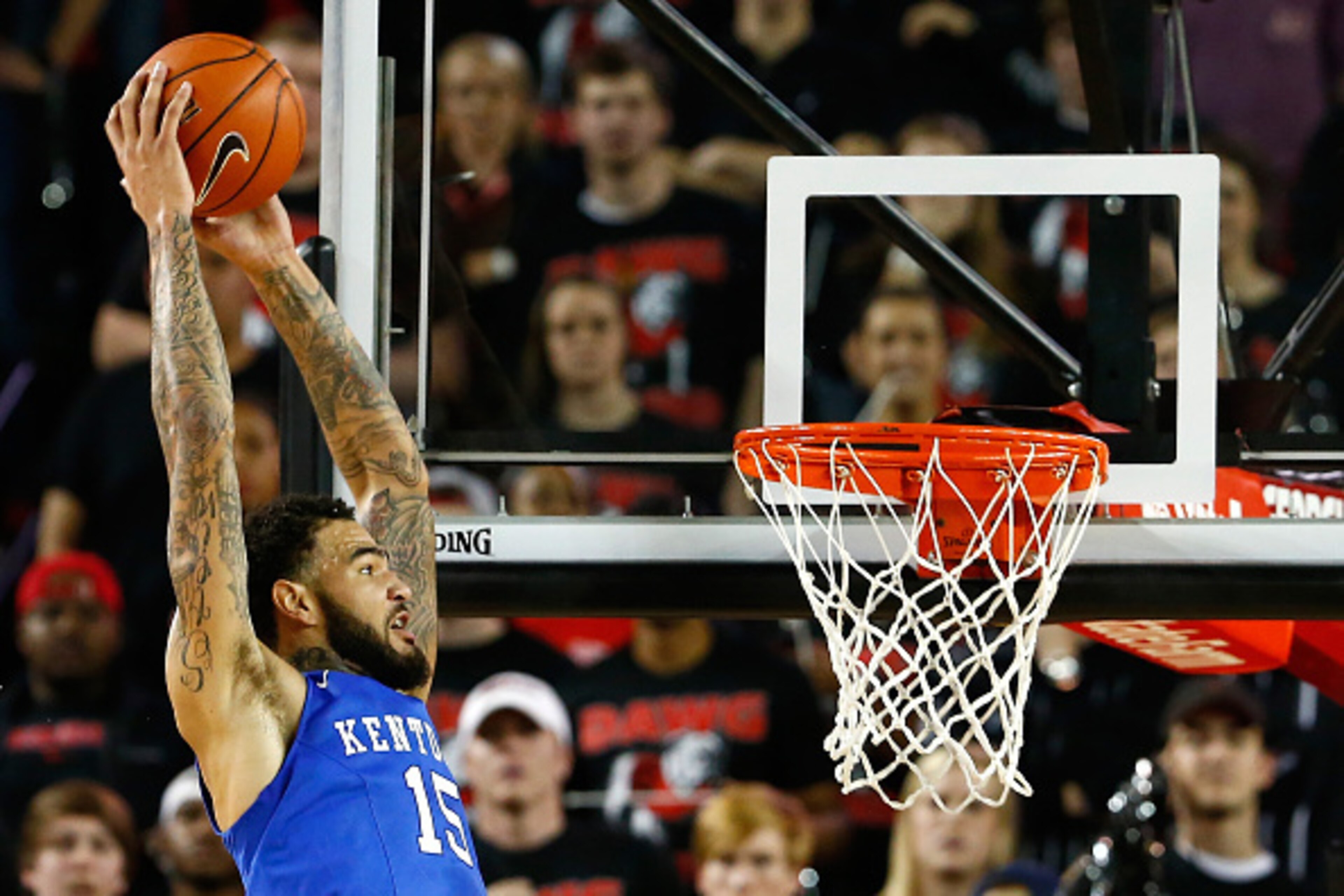 ATHENS, GA - MARCH 03:  Willie Cauley-Stein #15 of the Kentucky Wildcats dunks against the Georgia Bulldogs at Stegeman Coliseum on March 3, 2015 in Athens, Georgia.  (Photo by Kevin C. Cox/Getty Images)