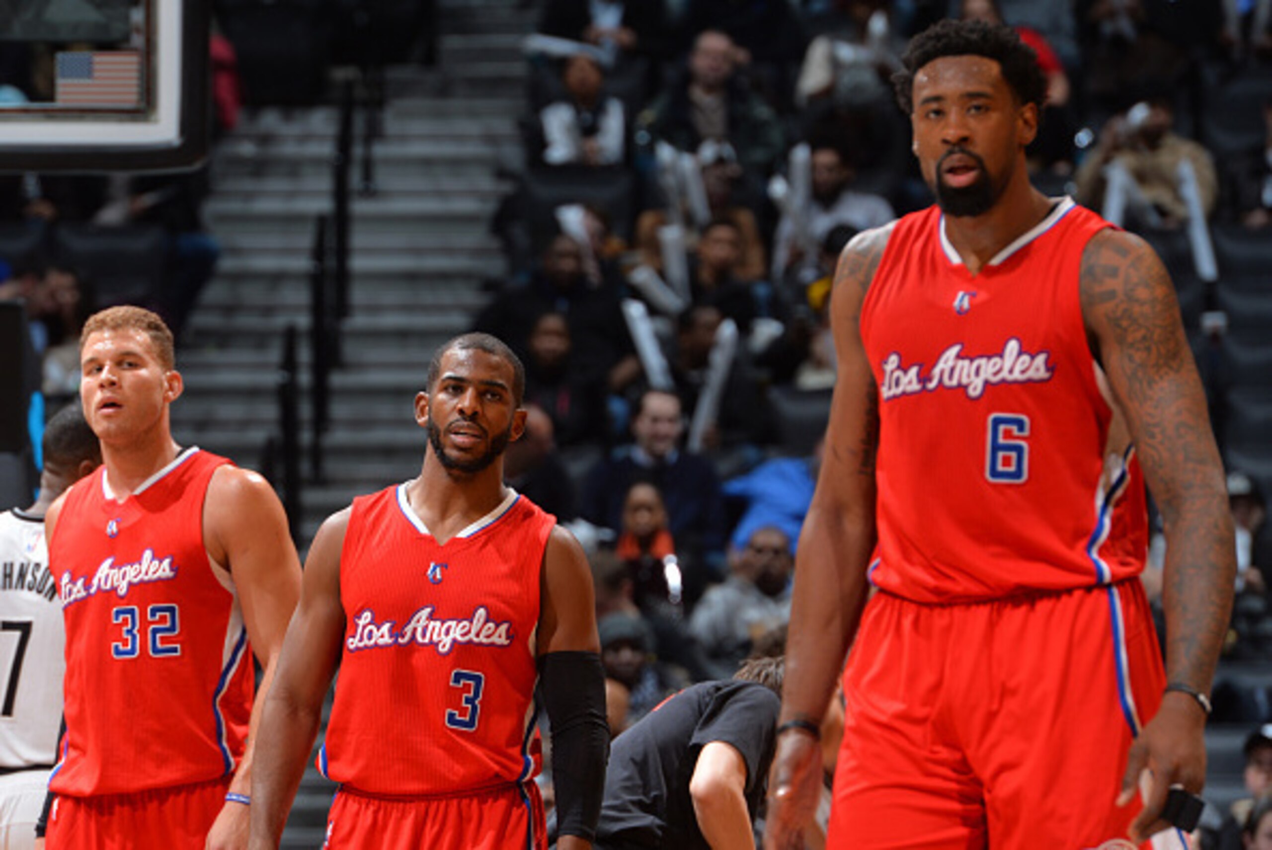 BROOKLYN, NY - FEBRUARY 2: DeAndre Jordan #6, Chris Paul #3 Blake Griffin #32 of the Los Angeles Clippers look on against the Brooklyn Nets at the Barclays Center on February 2,2015 in Brooklyn, NY NOTE TO USER: User expressly acknowledges and agrees that