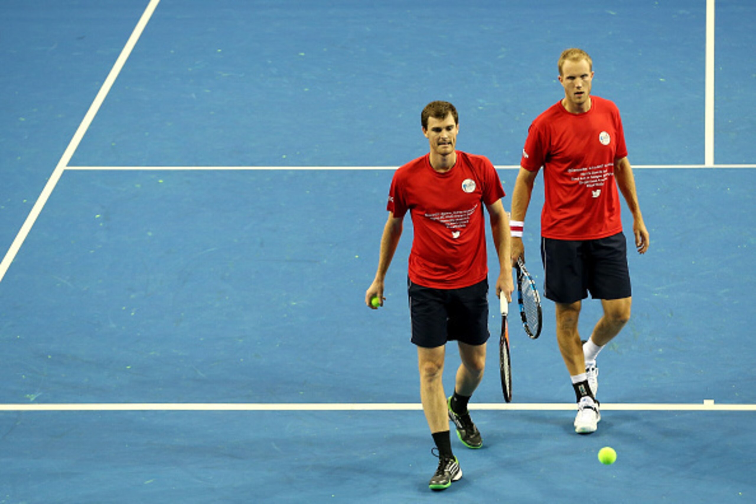 GLASGOW, SCOTLAND - MARCH 04:  Jamie Murray and Dominic Inglot of The Aegon GB Davis Cup Team takes part in a practice session ahead of the Davis Cup match between Great Britain and USA at Emirates Arena on March 4, 2015 in Glasgow, Scotland.  (Photo by J