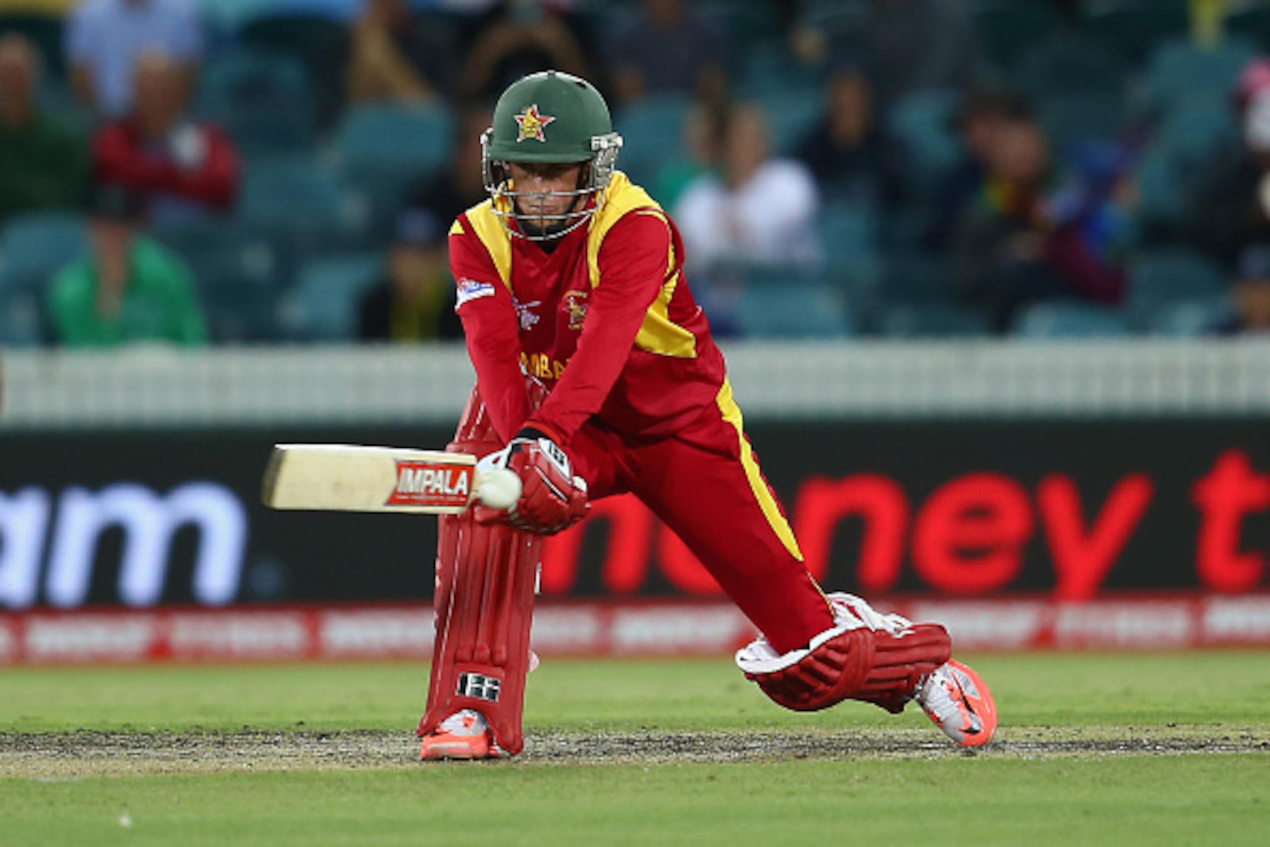 CANBERRA, AUSTRALIA - FEBRUARY 24:  Sean Williams of Zimbabwe bats during the 2015 ICC Cricket World Cup match between the West Indies and Zimbabwe at Manuka Oval on February 24, 2015 in Canberra, Australia.  (Photo by Mark Kolbe/Getty Images)